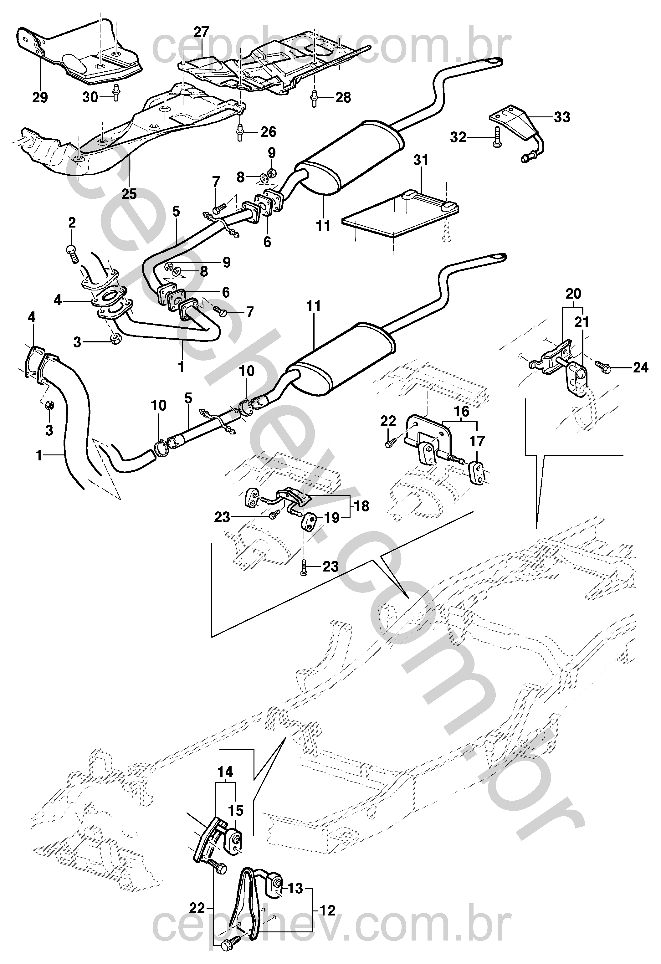 Escapamento e suportes do motor diesel com protetores de calor e coxins