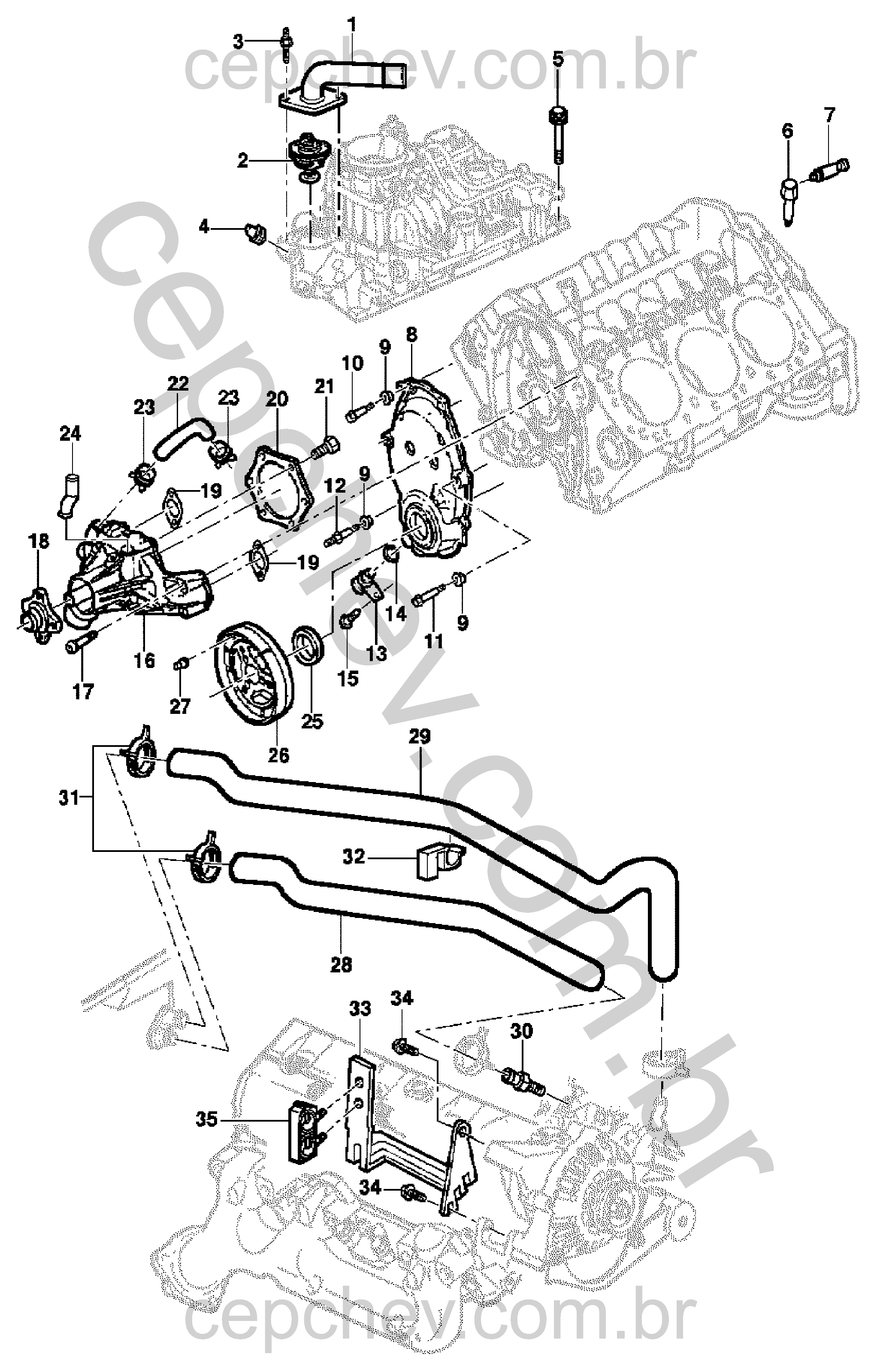 Termostato e bomba de água para motor L35, LG3 e LW9