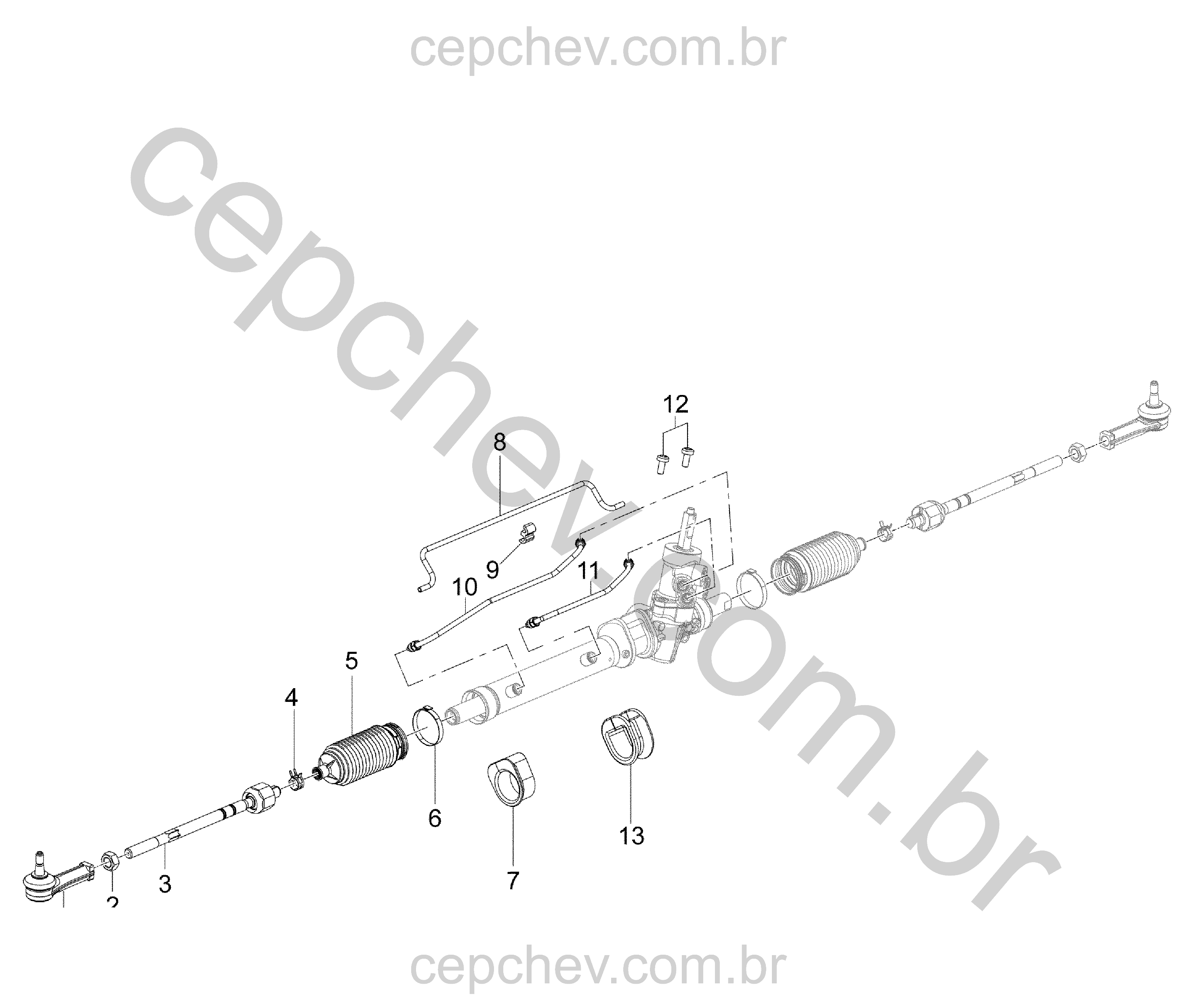 Articulação e caixa de direção (2011–2015) S19 com componentes hidráulicos e mecânicos