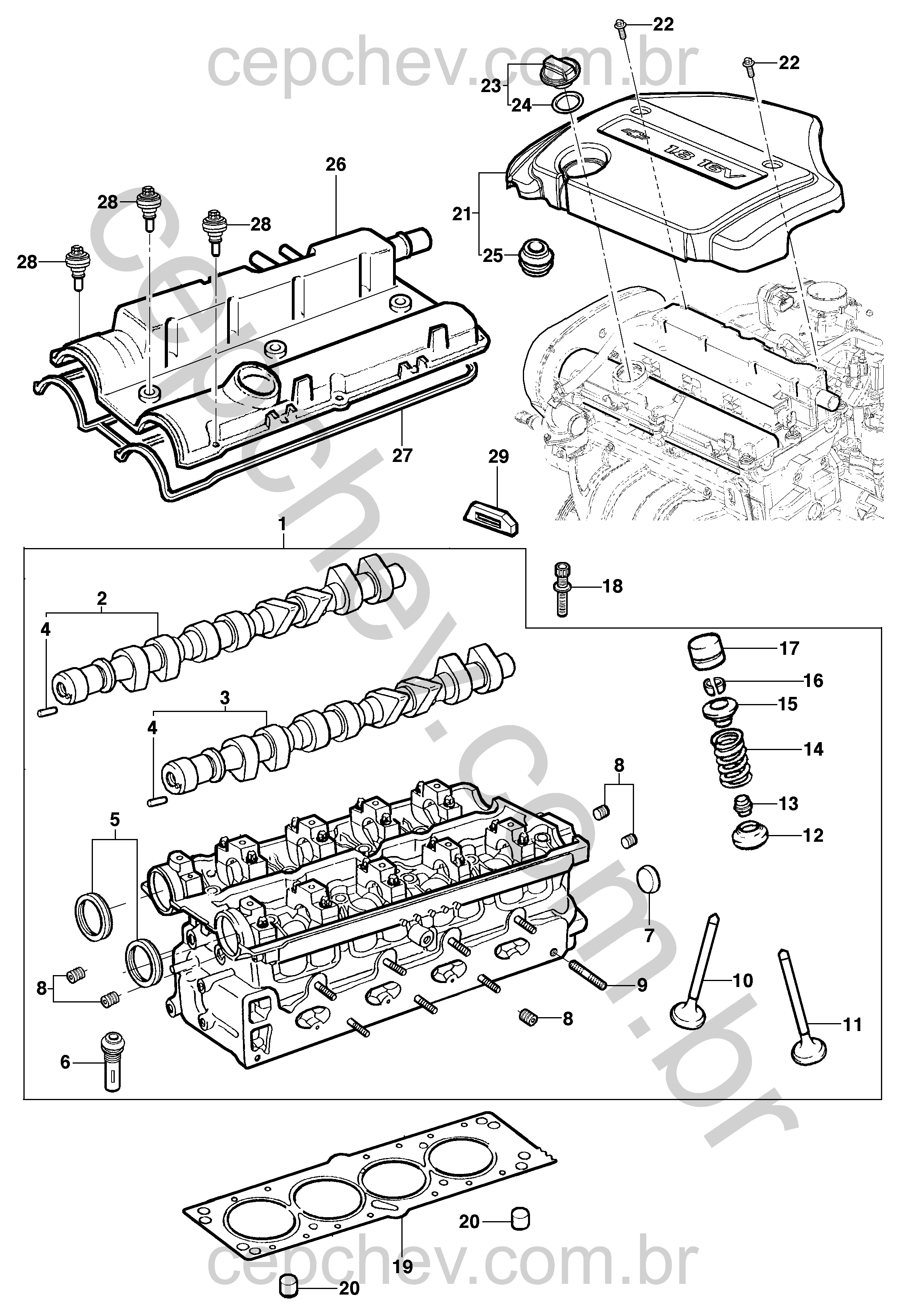 Cabeçote do motor 16 válvulas com válvulas, árvore de comando e vedação de óleo