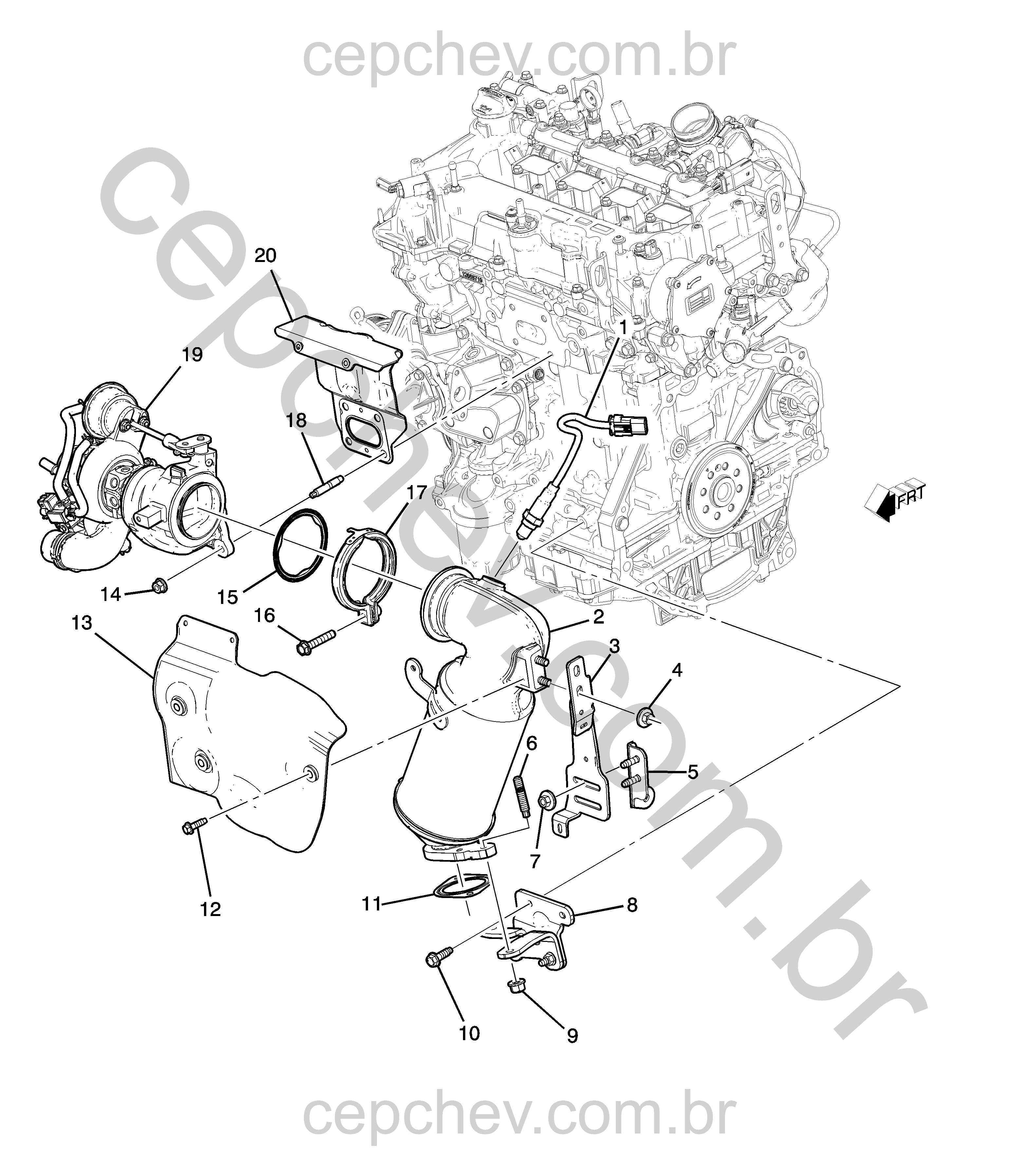 Motor 1.5L L4 (2020–2021) turbo, coletor escapamento e conversor catalítico
