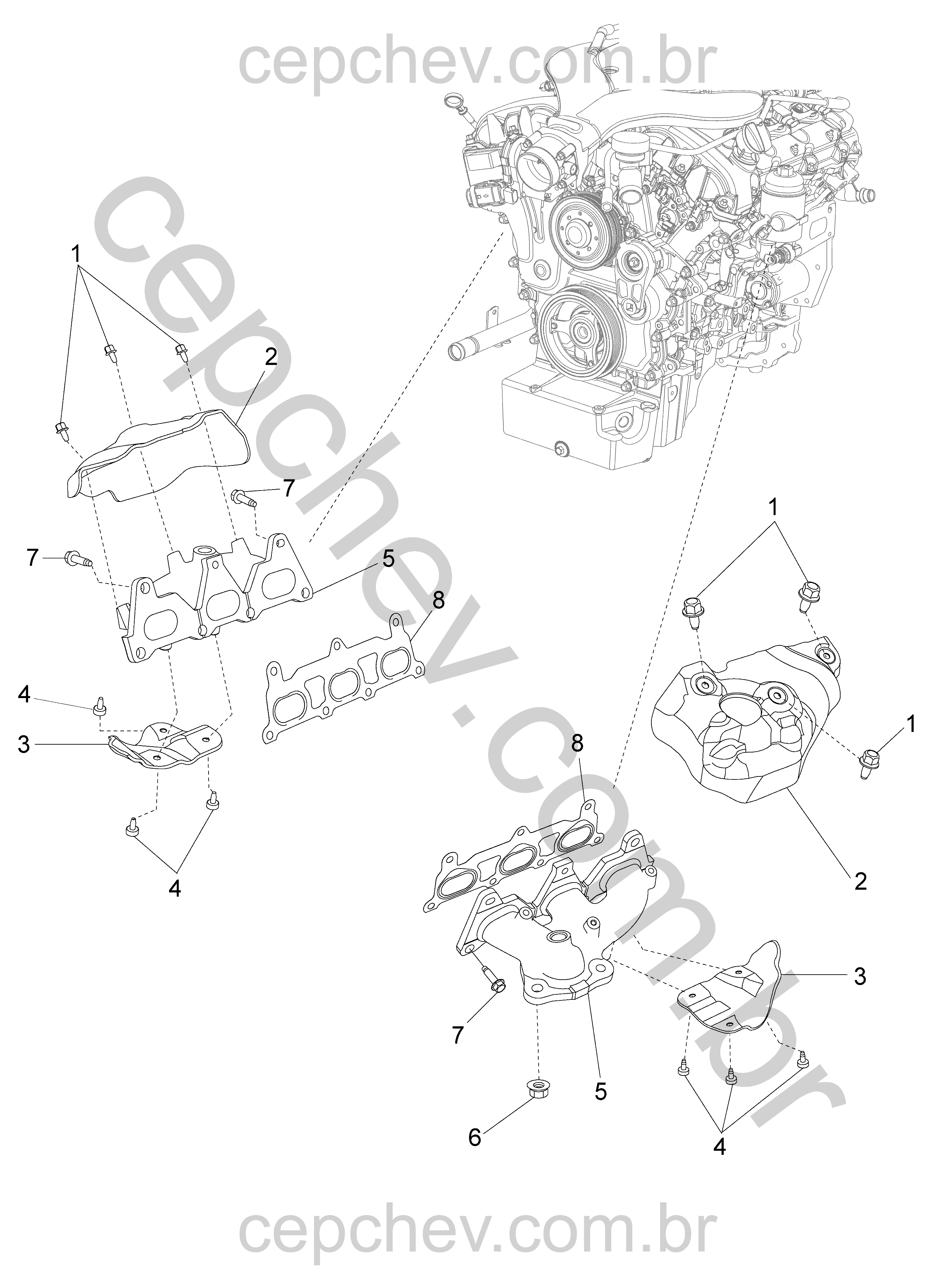 Motor V6 coletores de escape e componentes relacionados