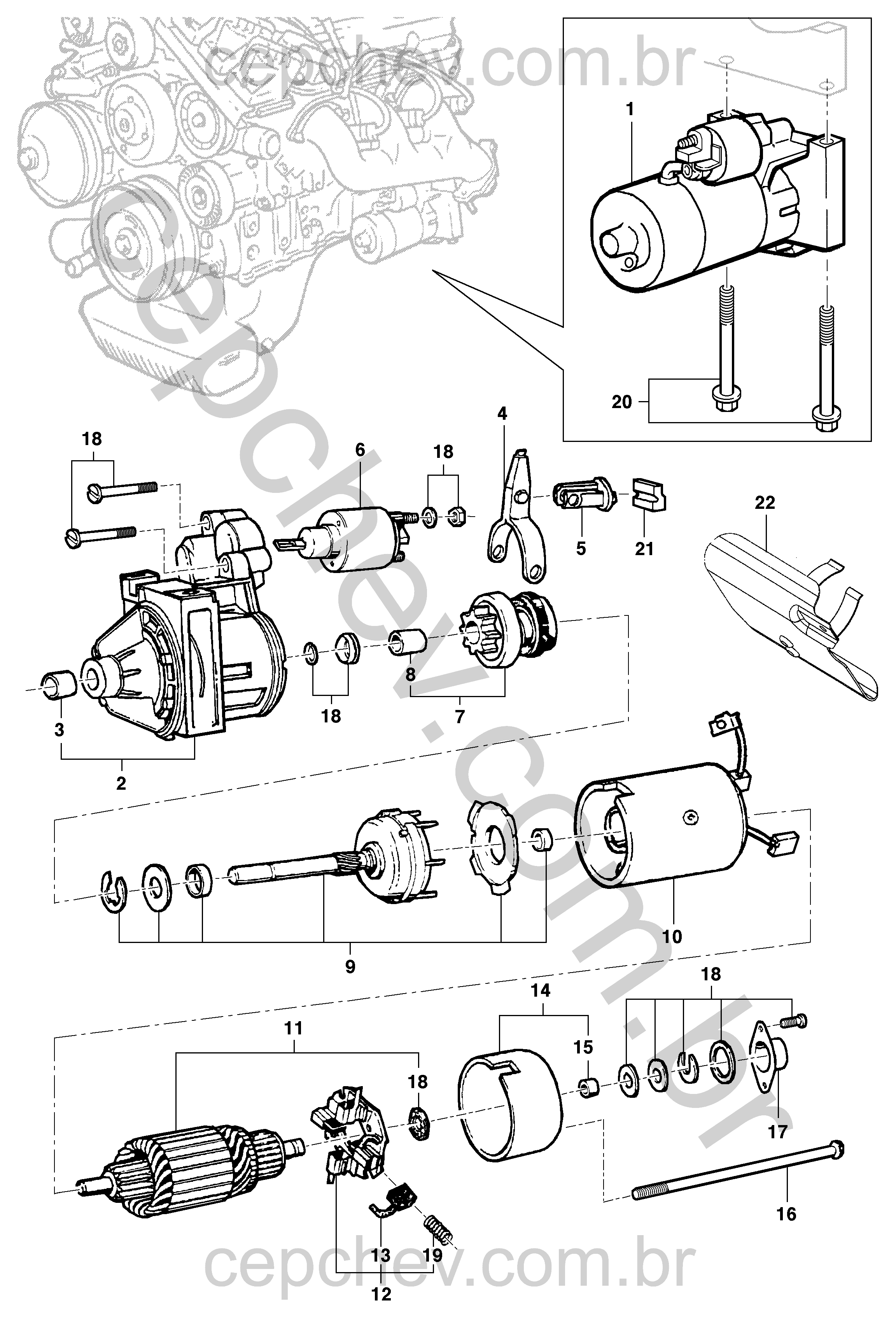 Motor de partida e componentes para acionamento e reparo do sistema elétrico