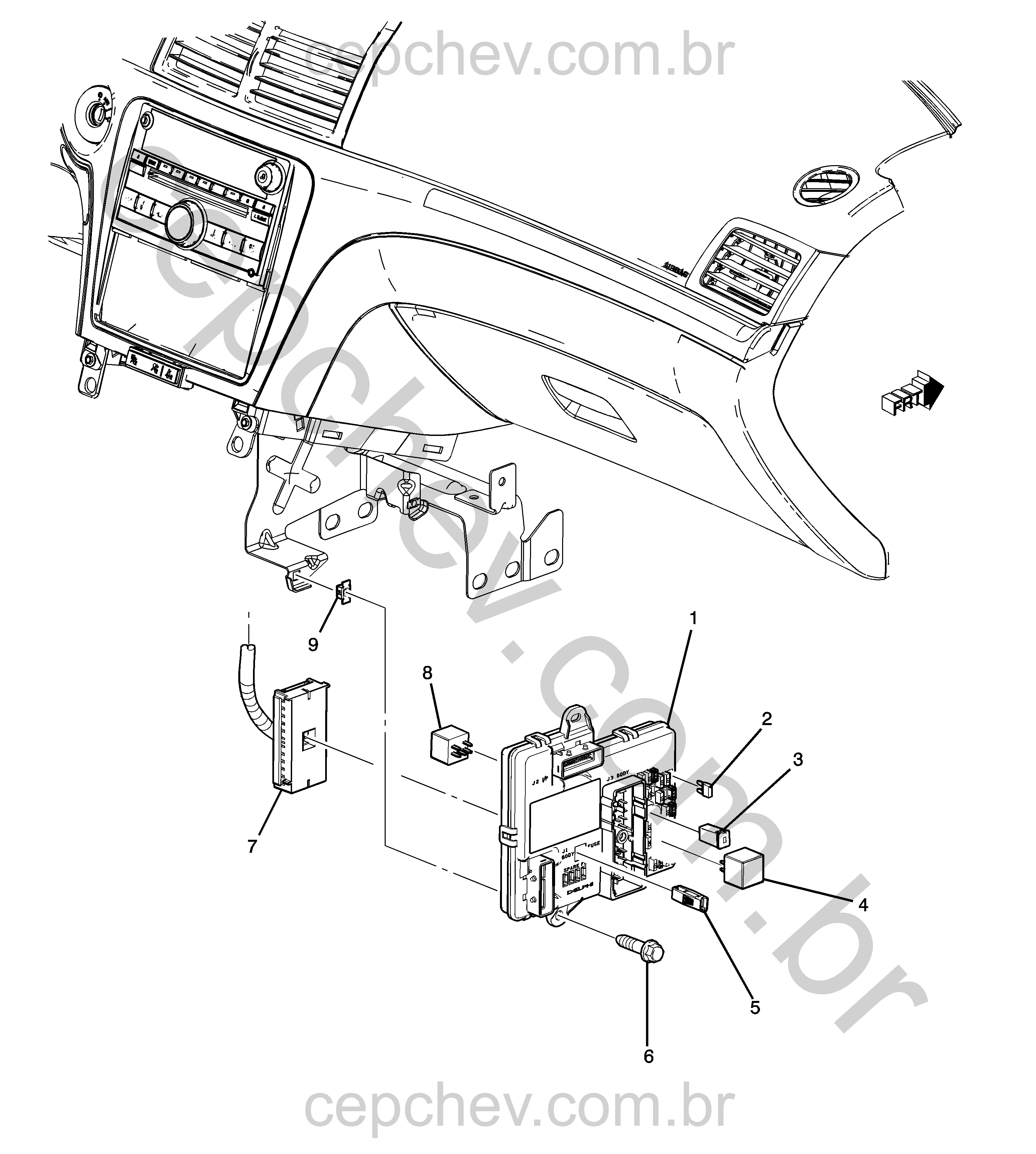 Relés, módulos e fusíveis para painel de instrumentos e carroceria