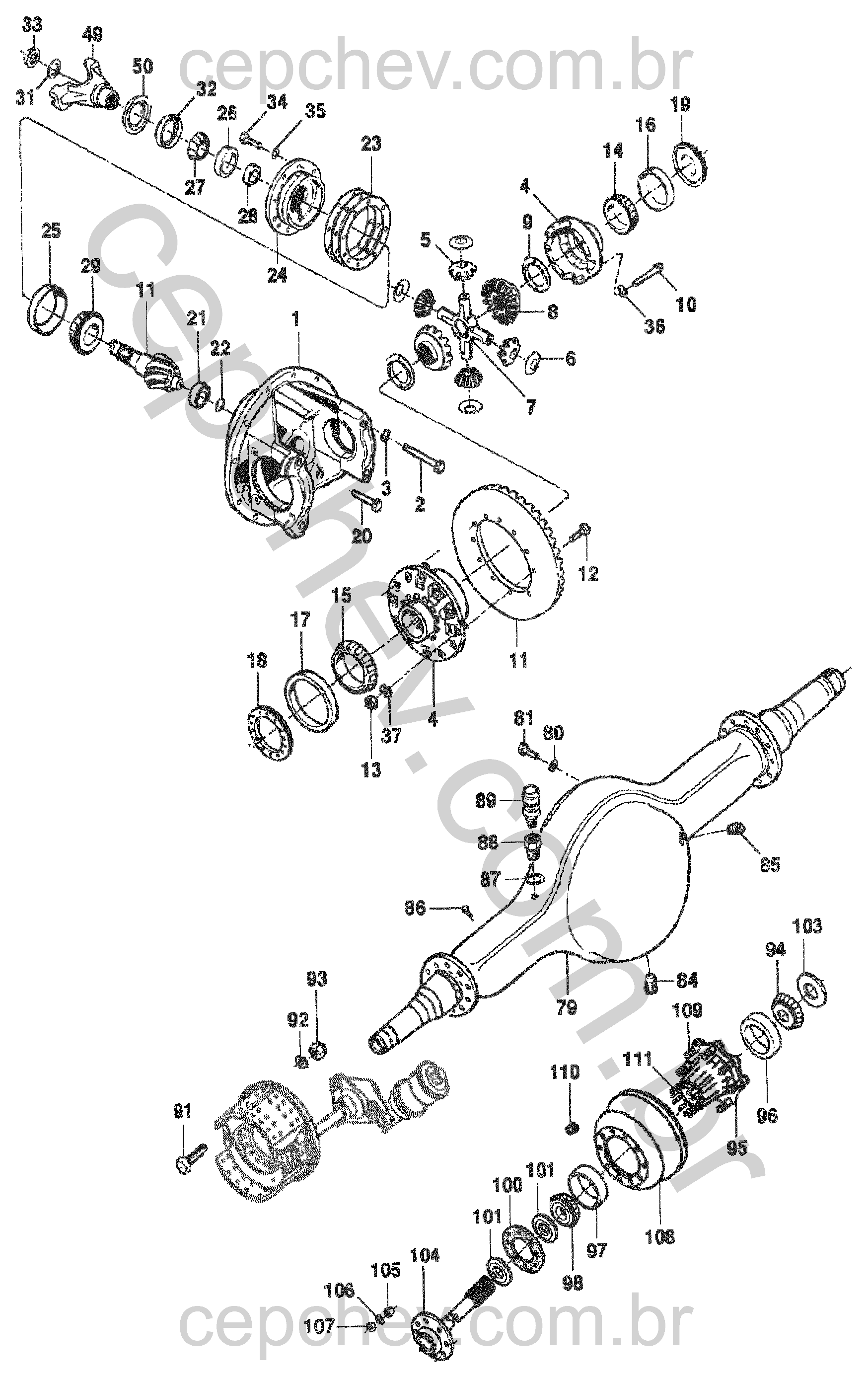 Eixo traseiro 1 velocidade Meritor RS-19-145 com diferencial e componentes completos