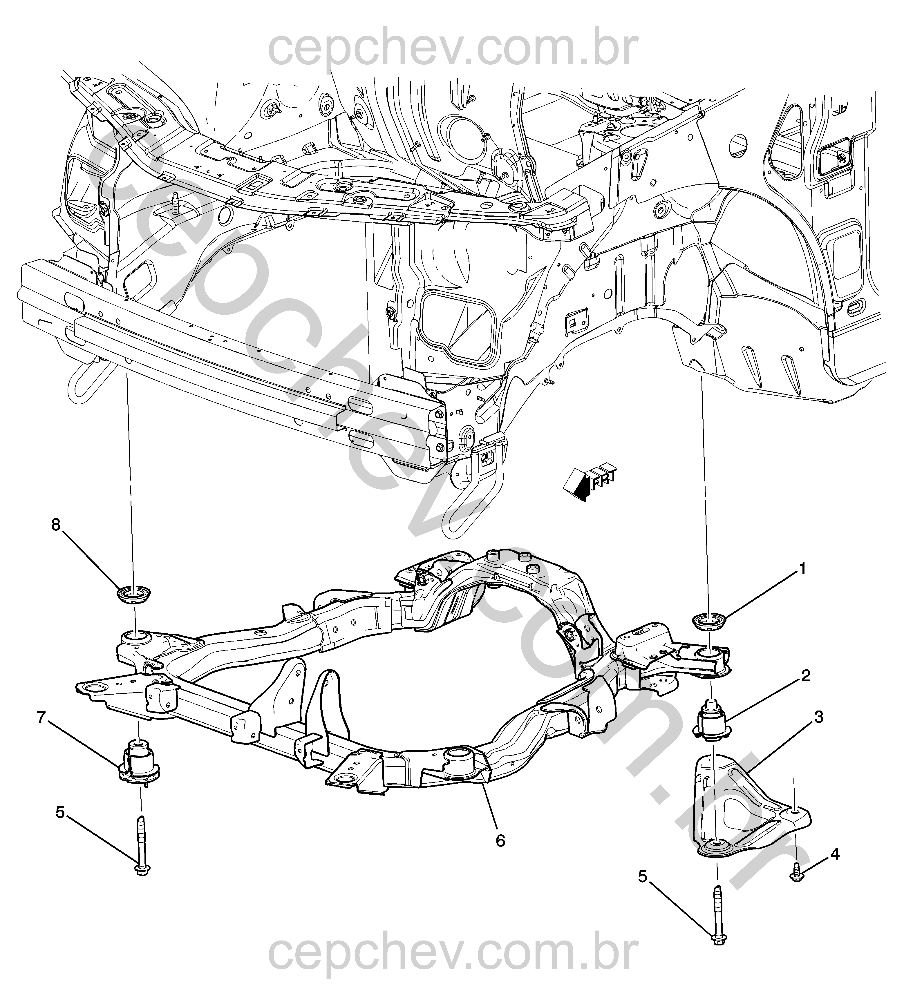 Estrutura e fixação da suspensão dianteira e conjunto motor-transmissão (LY7/3.6)