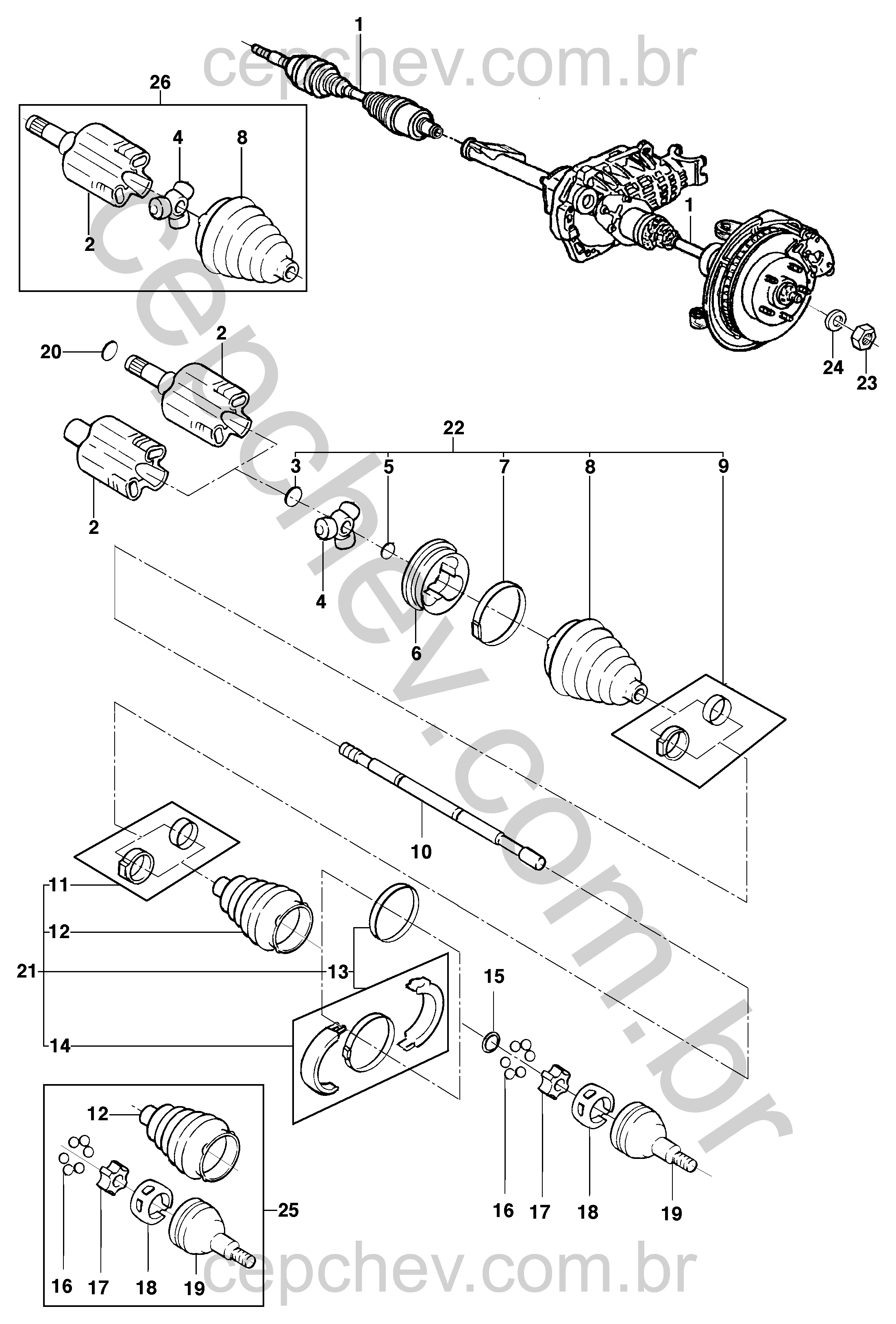 Semi-eixo dianteiro e componentes para tração 4x4
