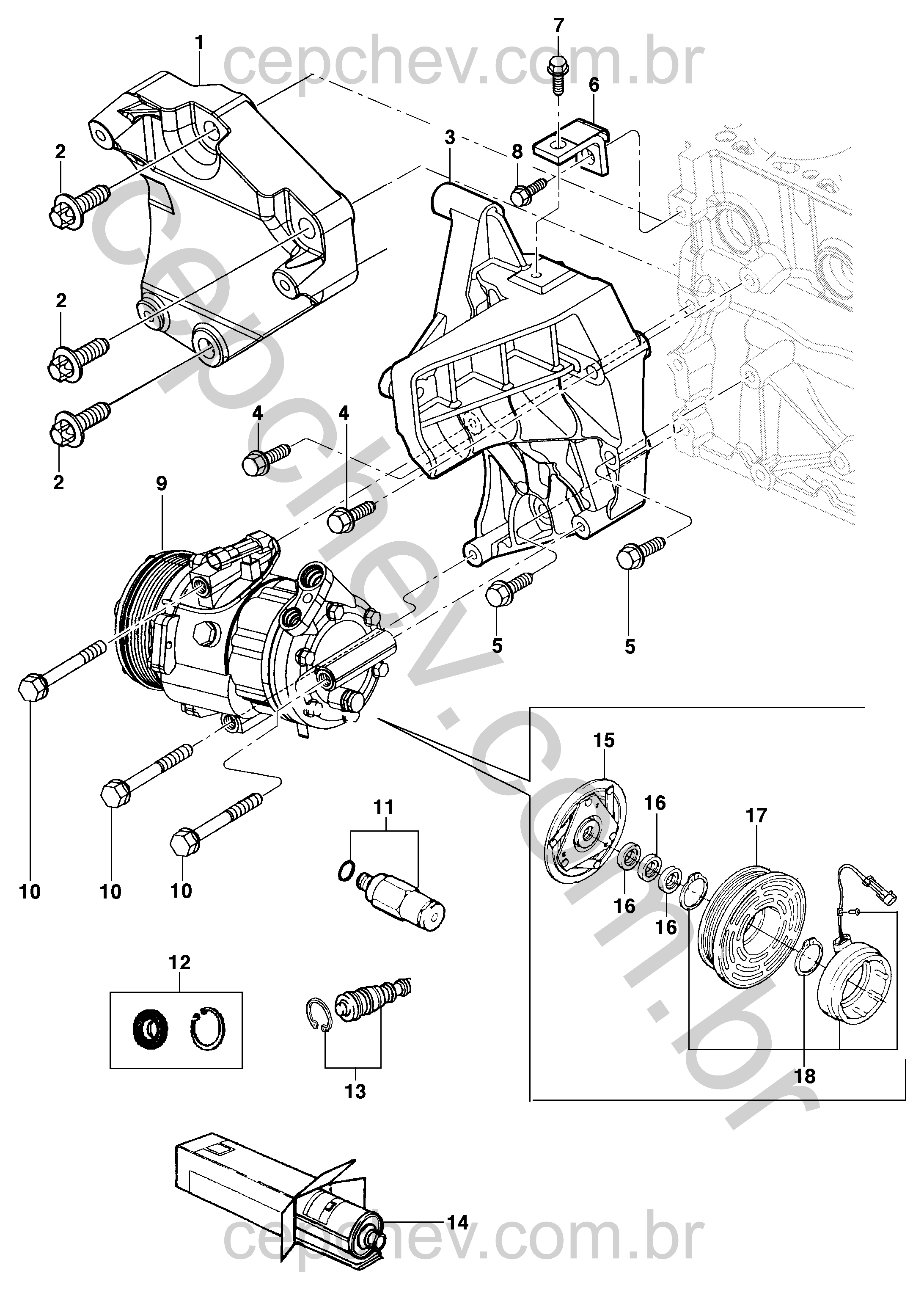 Compressor e componentes do ar-condicionado para motor gasolina e álcool
