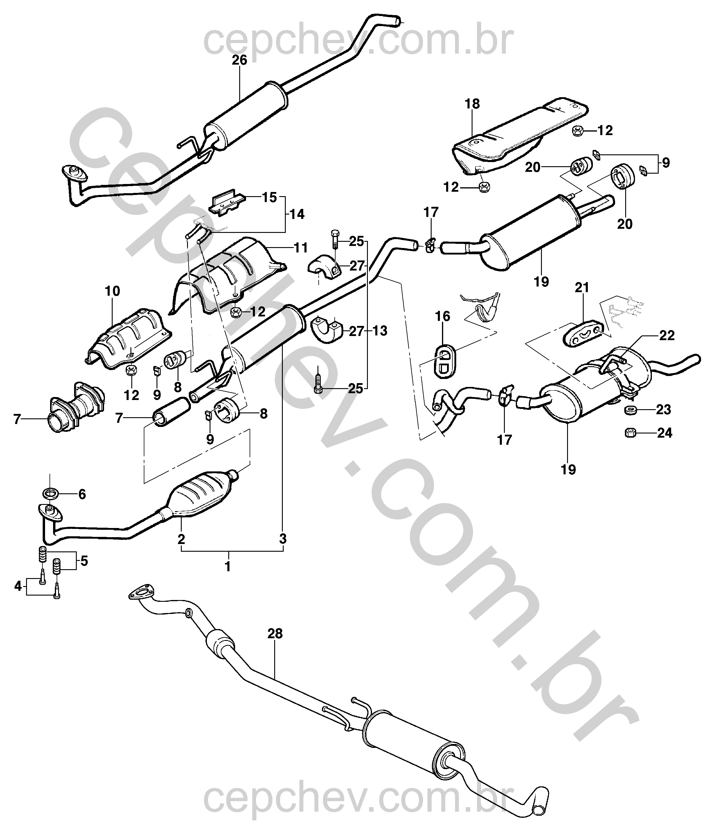 Sistema de escapamento e silenciadores para motor 8V
