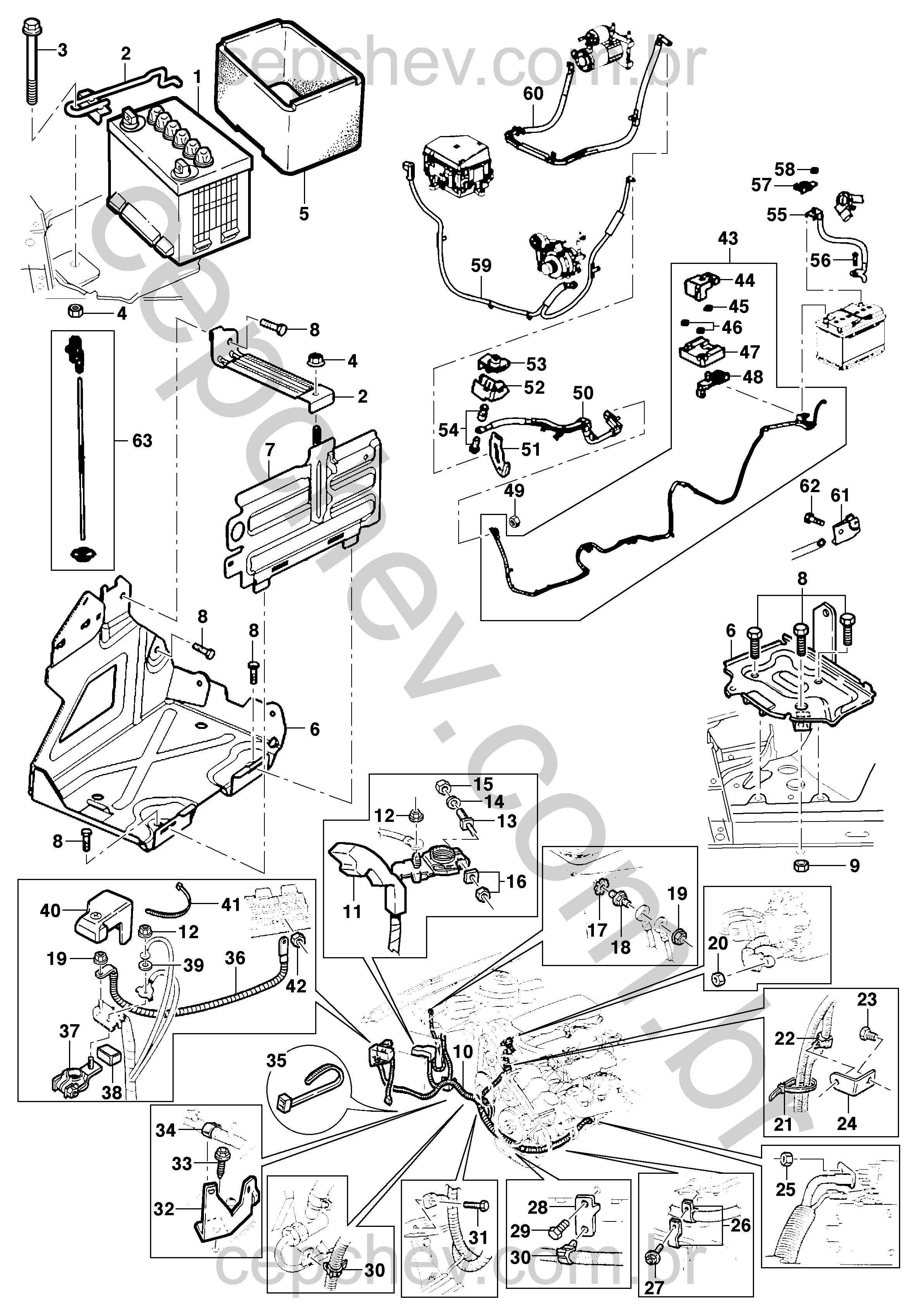 Bateria 12V, cabos, terminais e suportes do sistema elétrico do motor