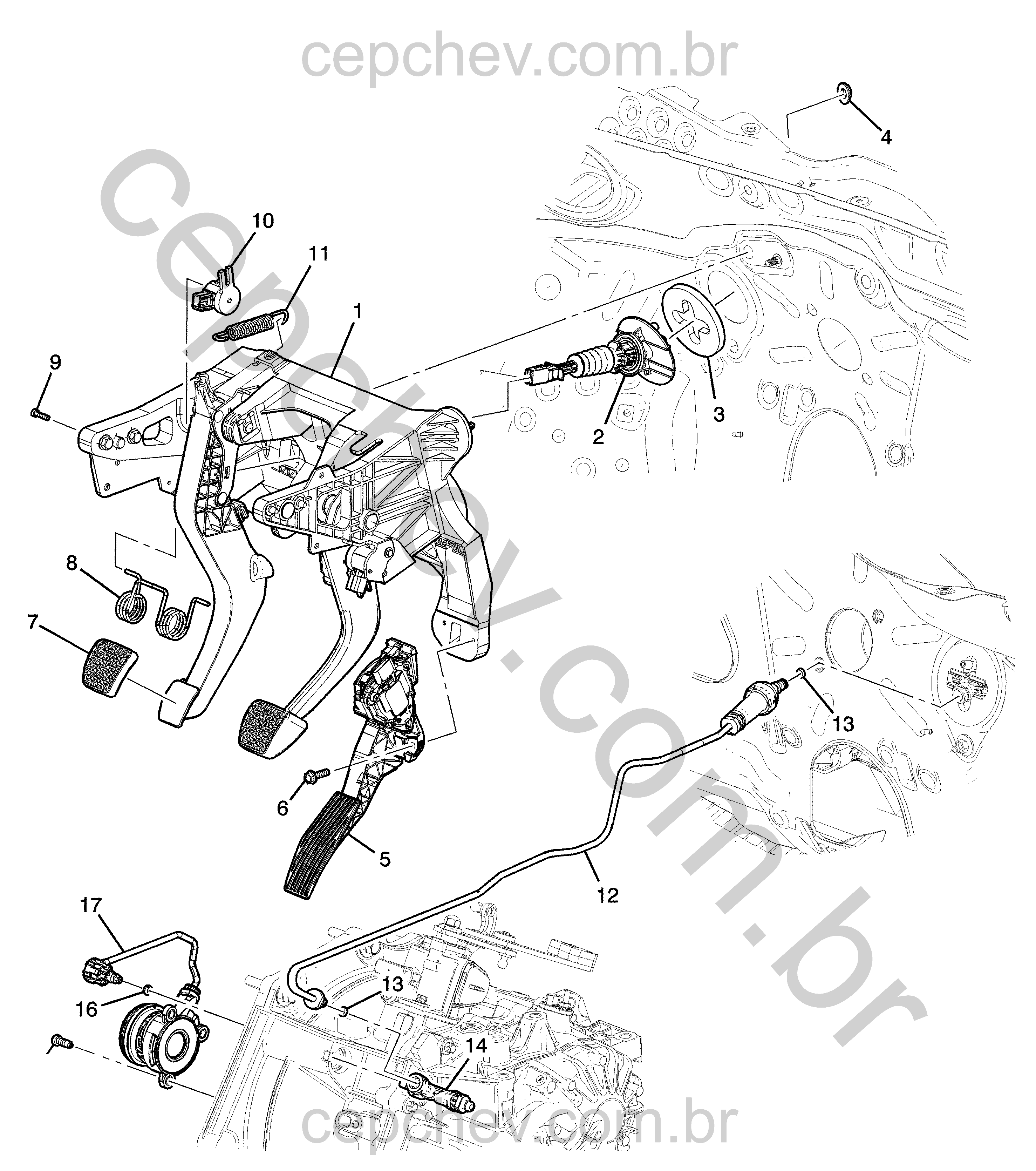 Pedal e cilindros da embreagem e acelerador (transmissão manual)