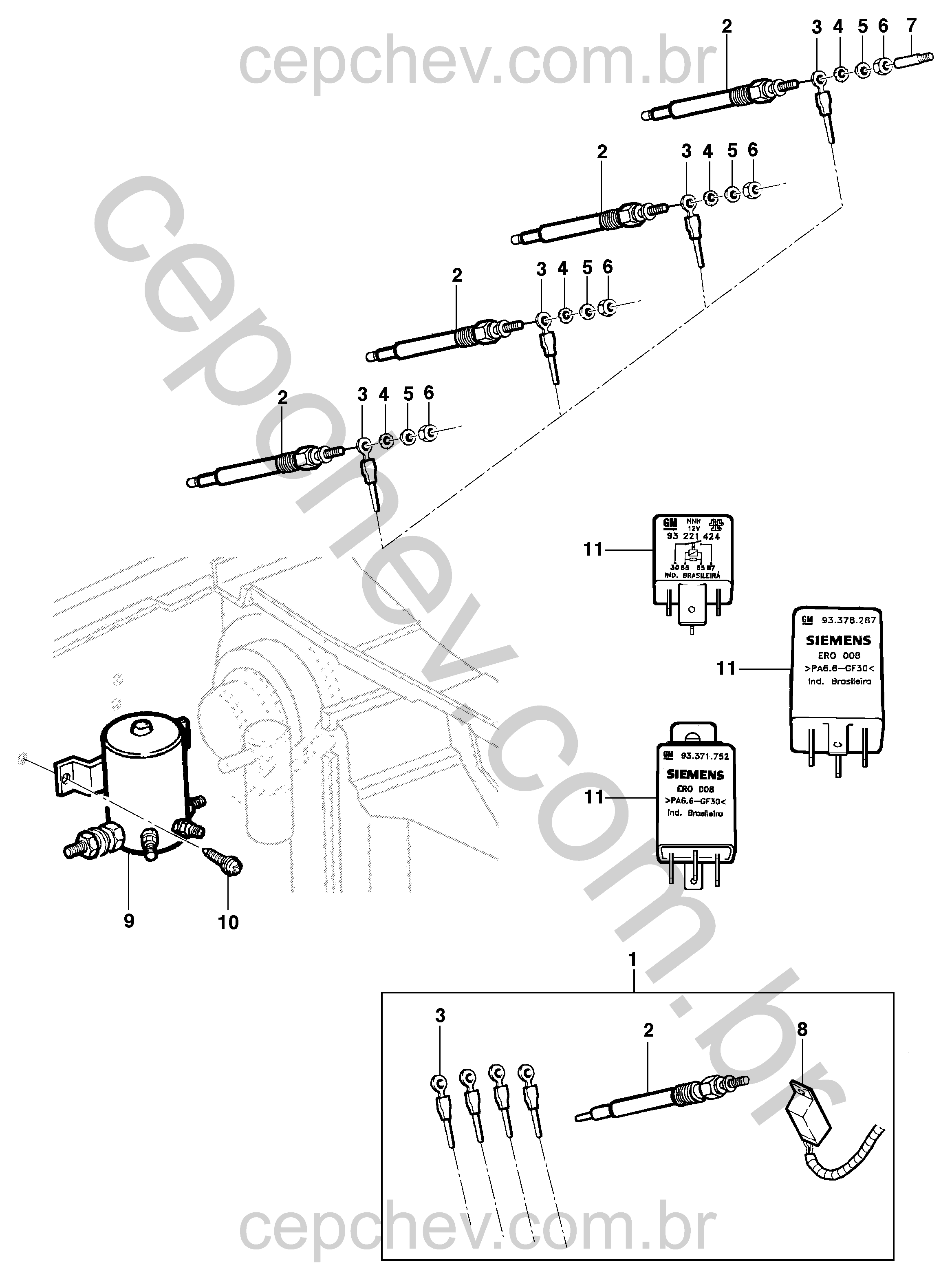 Componentes elétricos do motor LK6/LJ6/LLK com velas e relés de pré-aquecimento