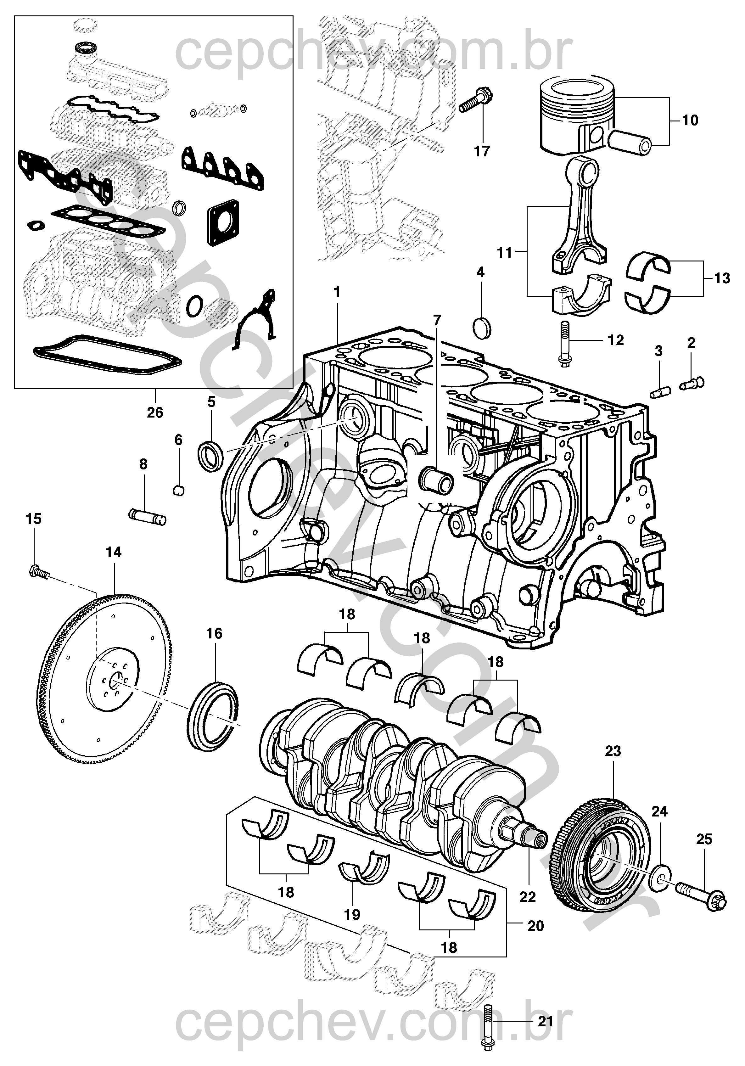 Bloco do motor com pistões, êmbolos, árvore manivelas e rolamentos (2007–2010)