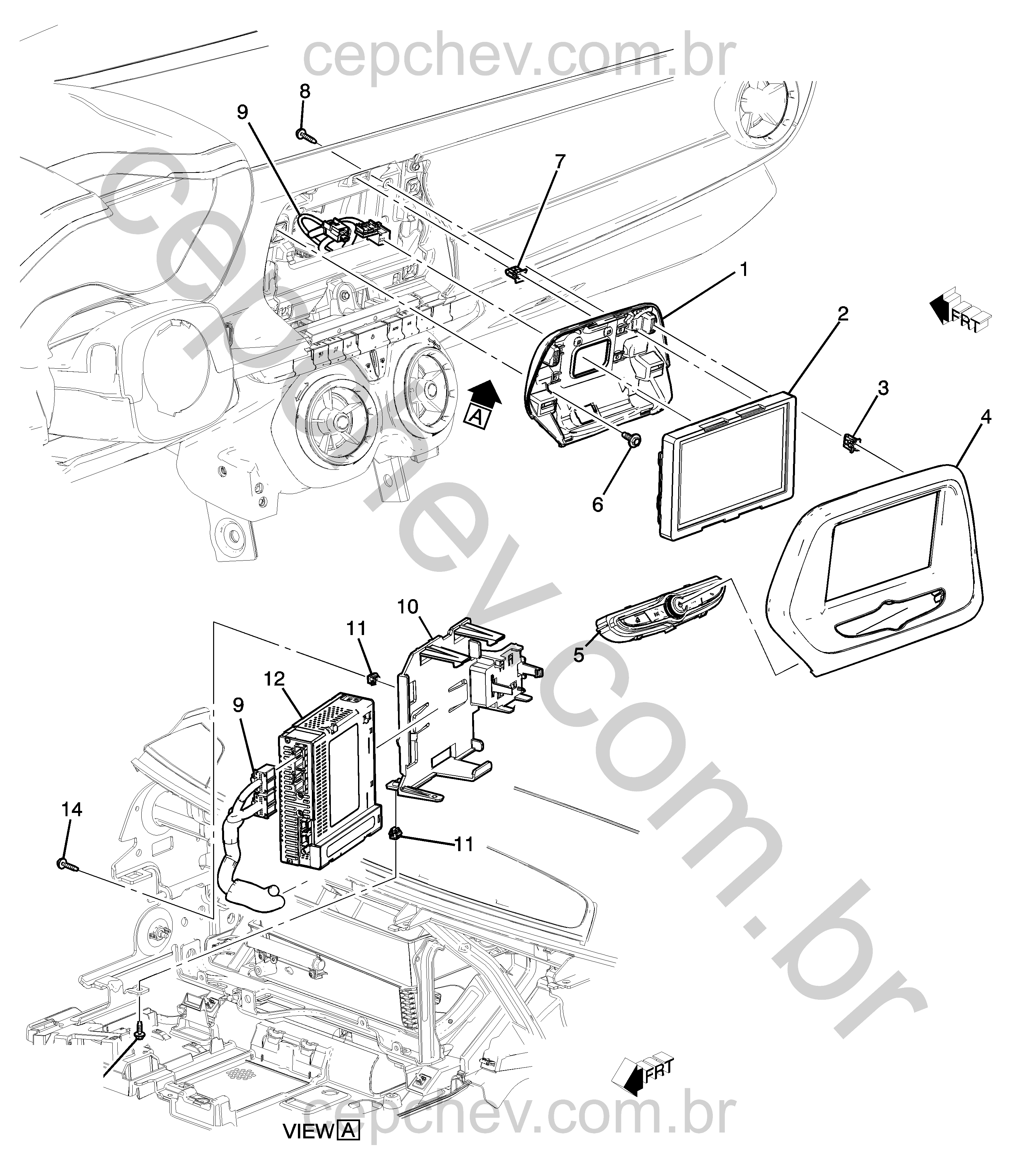 Fixação e suporte do rádio com fiação e componentes do painel instrumentos