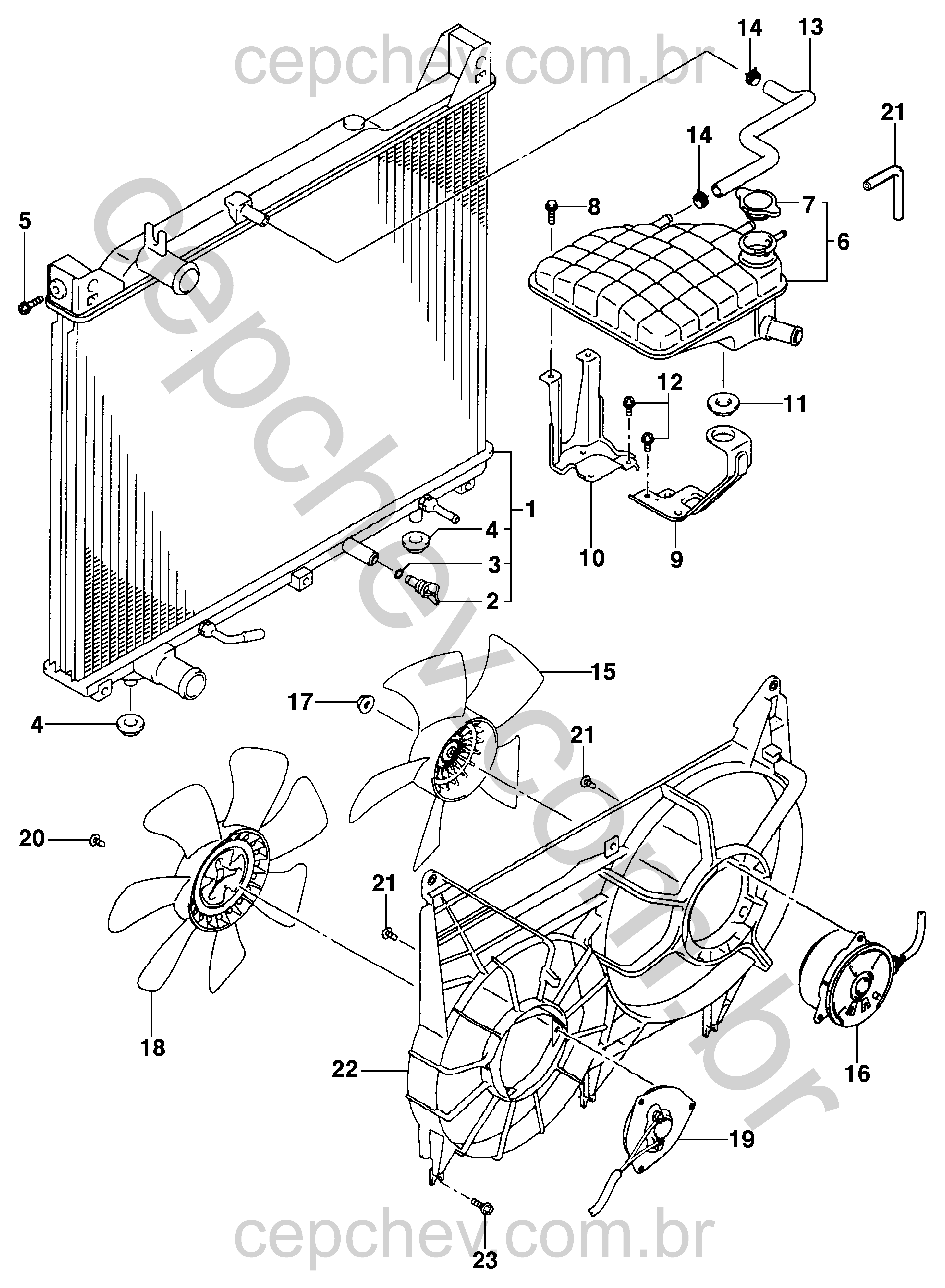 Radiador e ventilador para motor diesel (2002–2004)