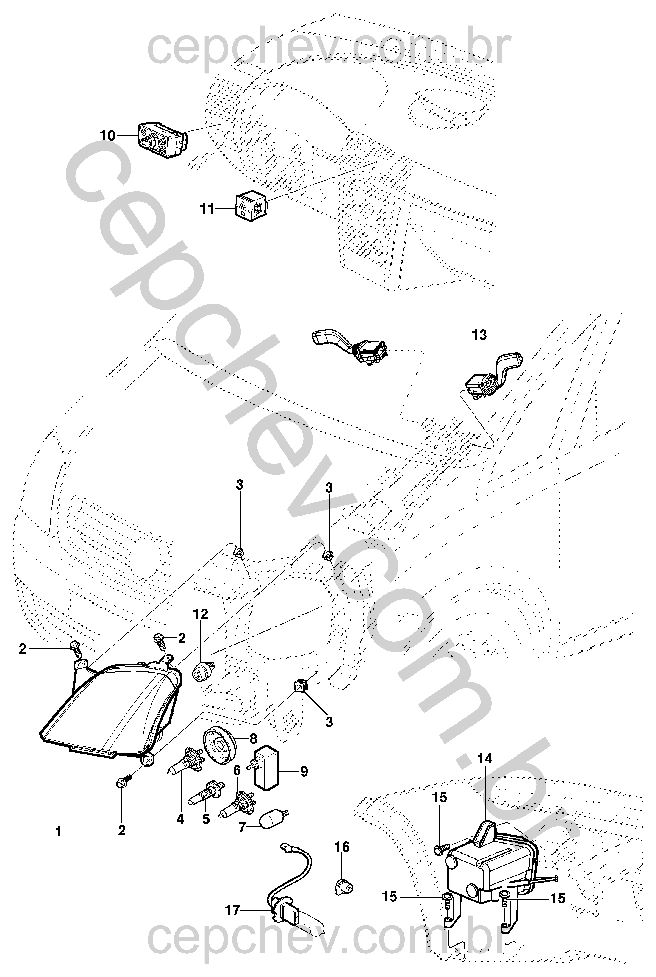 Farol dianteiro, farol de neblina e interruptores para Meriva