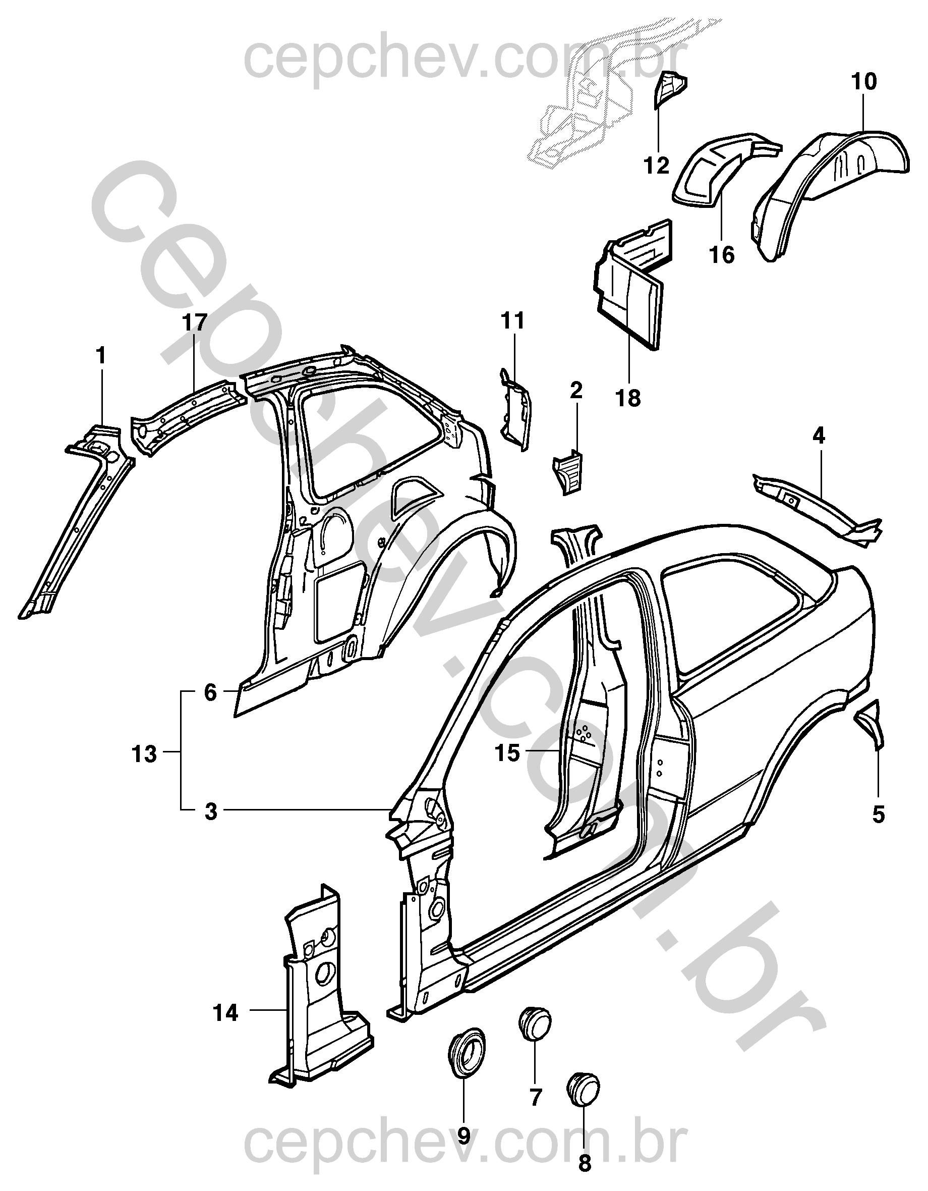 Estrutura lateral, interna e traseira para hatch 3 portas