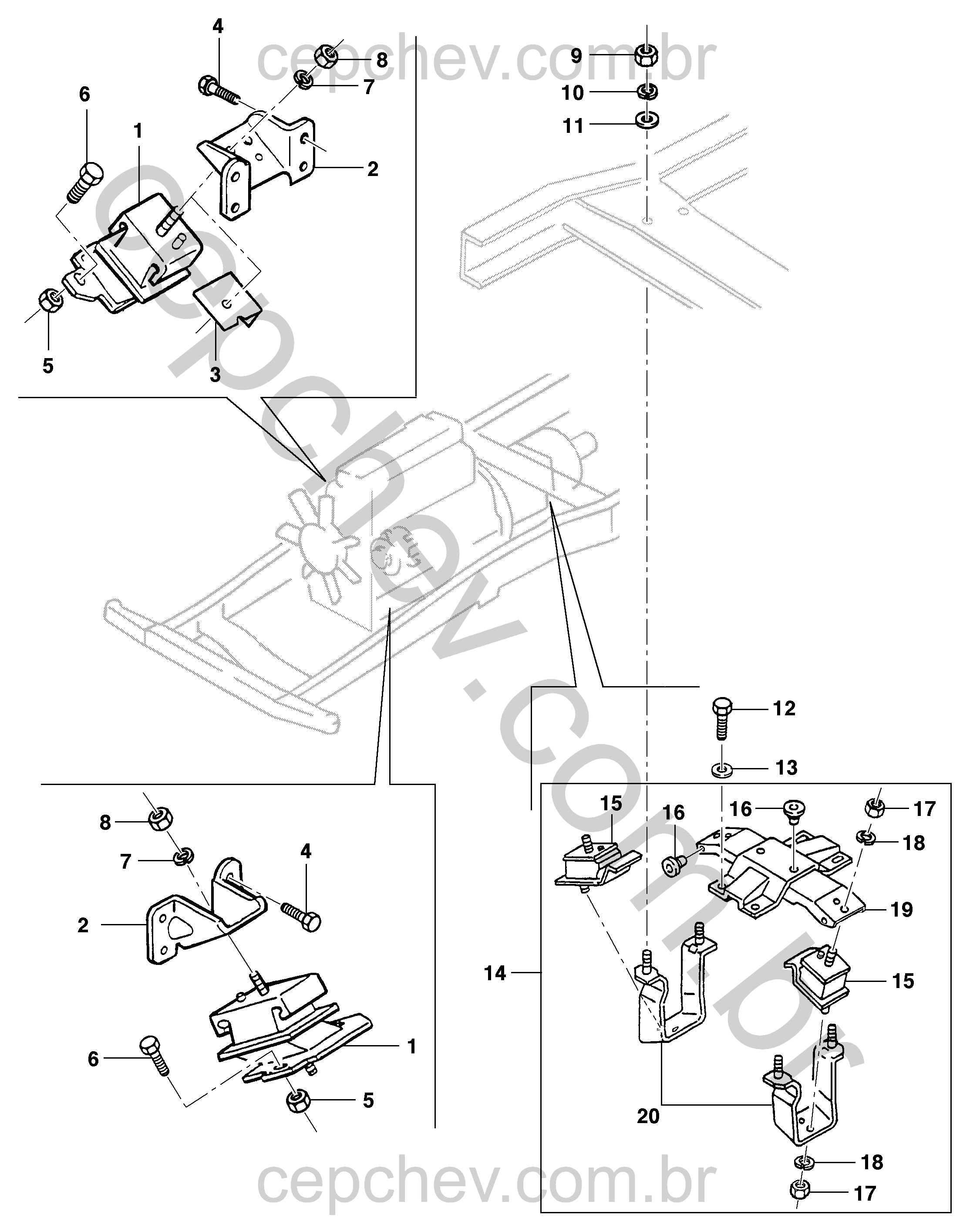 Fixação e suporte dianteiro do motor com coxins e parafusos essenciais