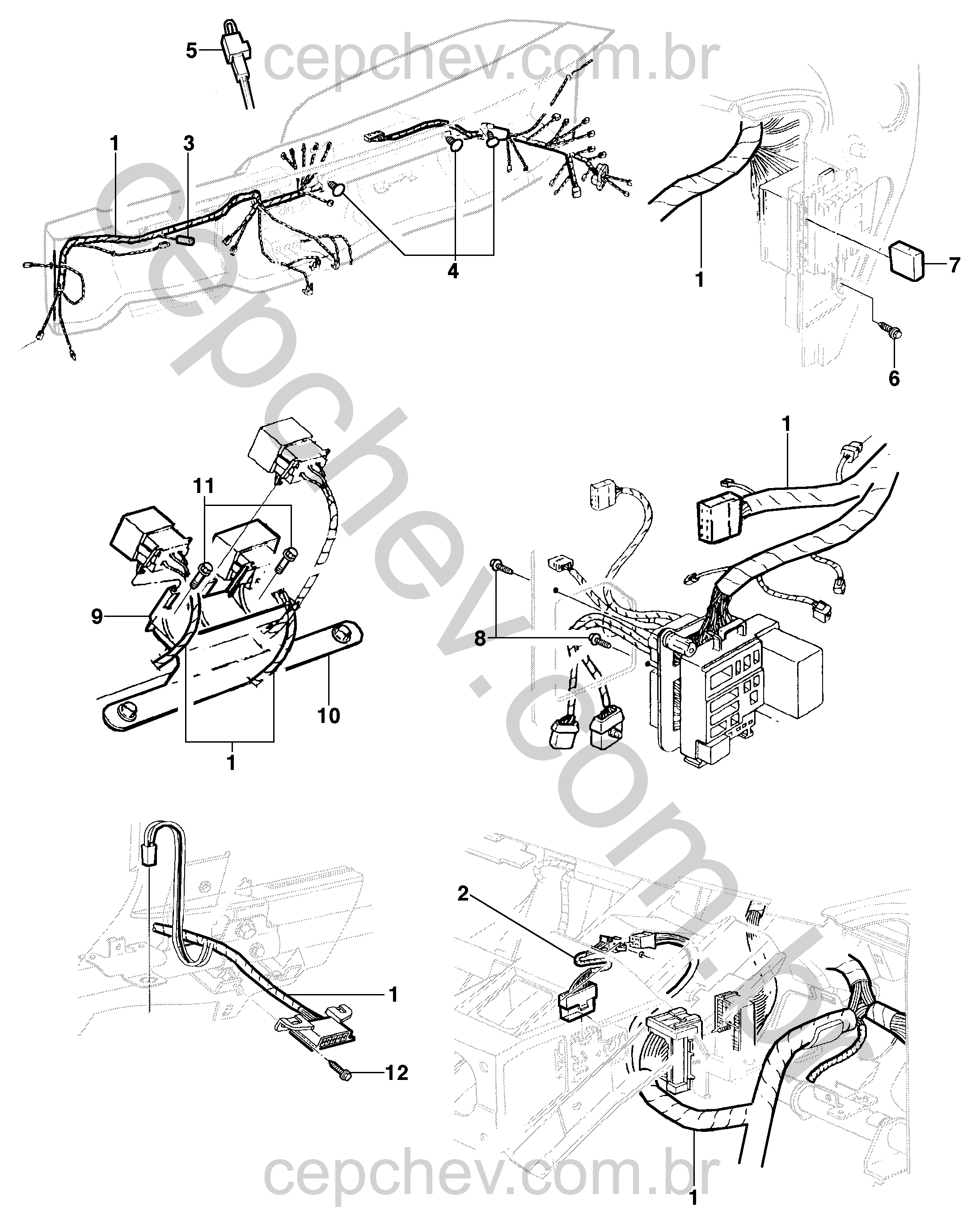 Chicote e fiação do painel de instrumentos com suportes e conectores