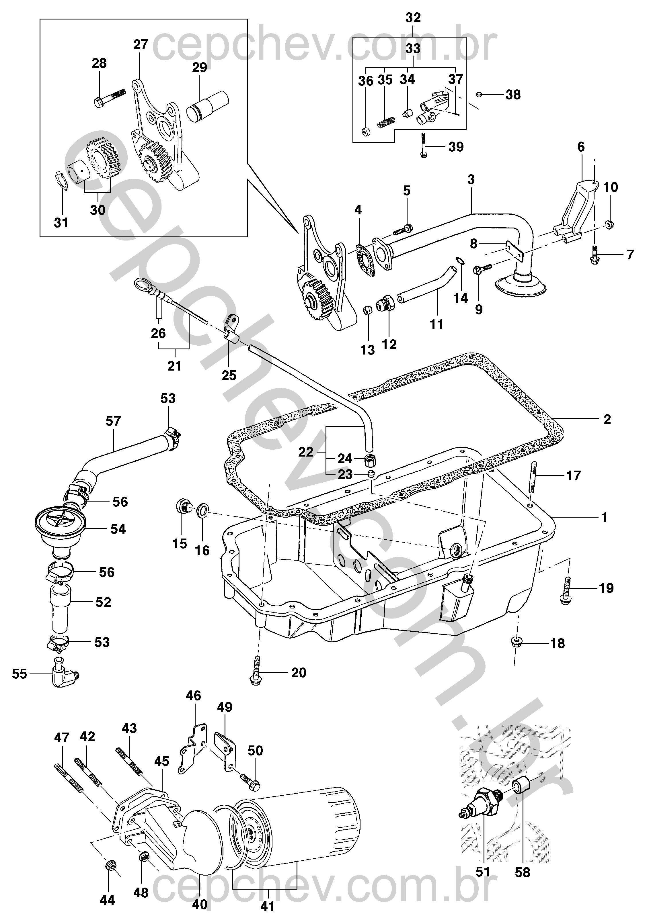 Lubrificação do motor diesel L4A Maxion com peças essenciais e acessórios variados