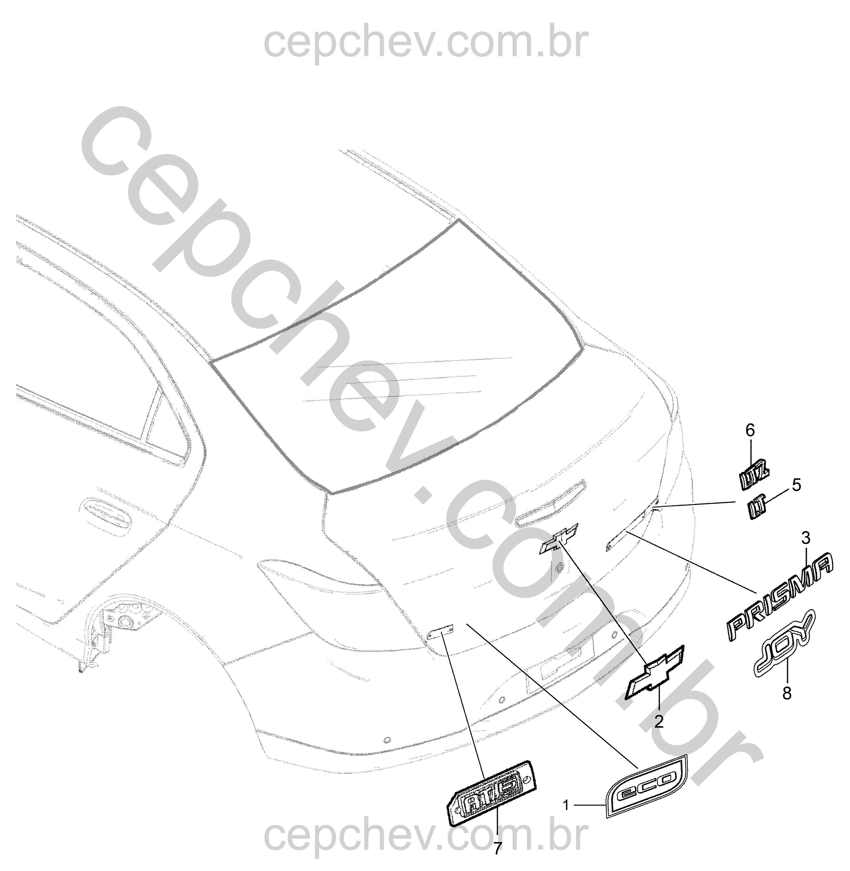 Moldura e emblemas da carroceria inferior e tampa traseira