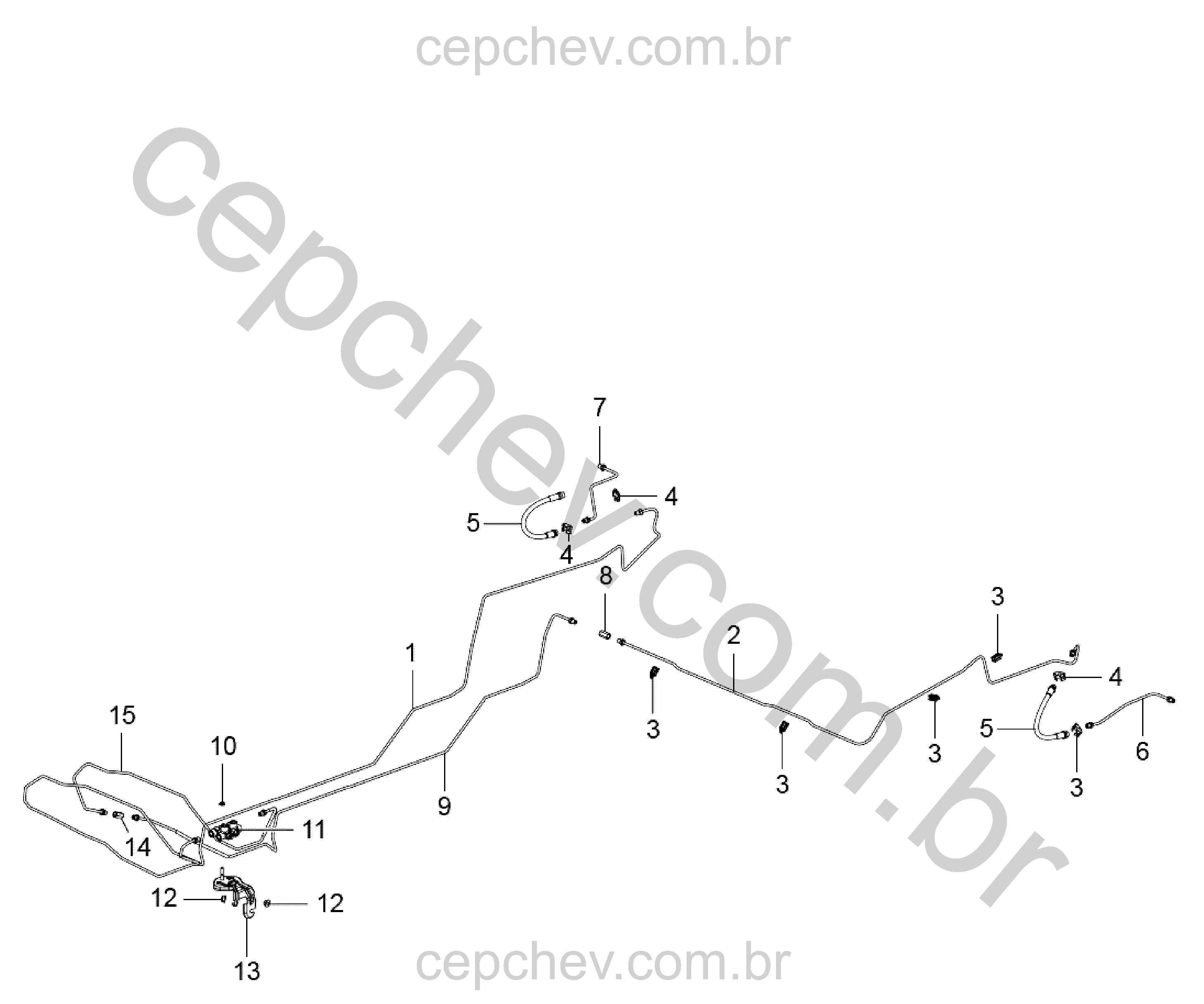 Linhas e tubulações de freio traseiro e válvula de proporção (2012–2013)