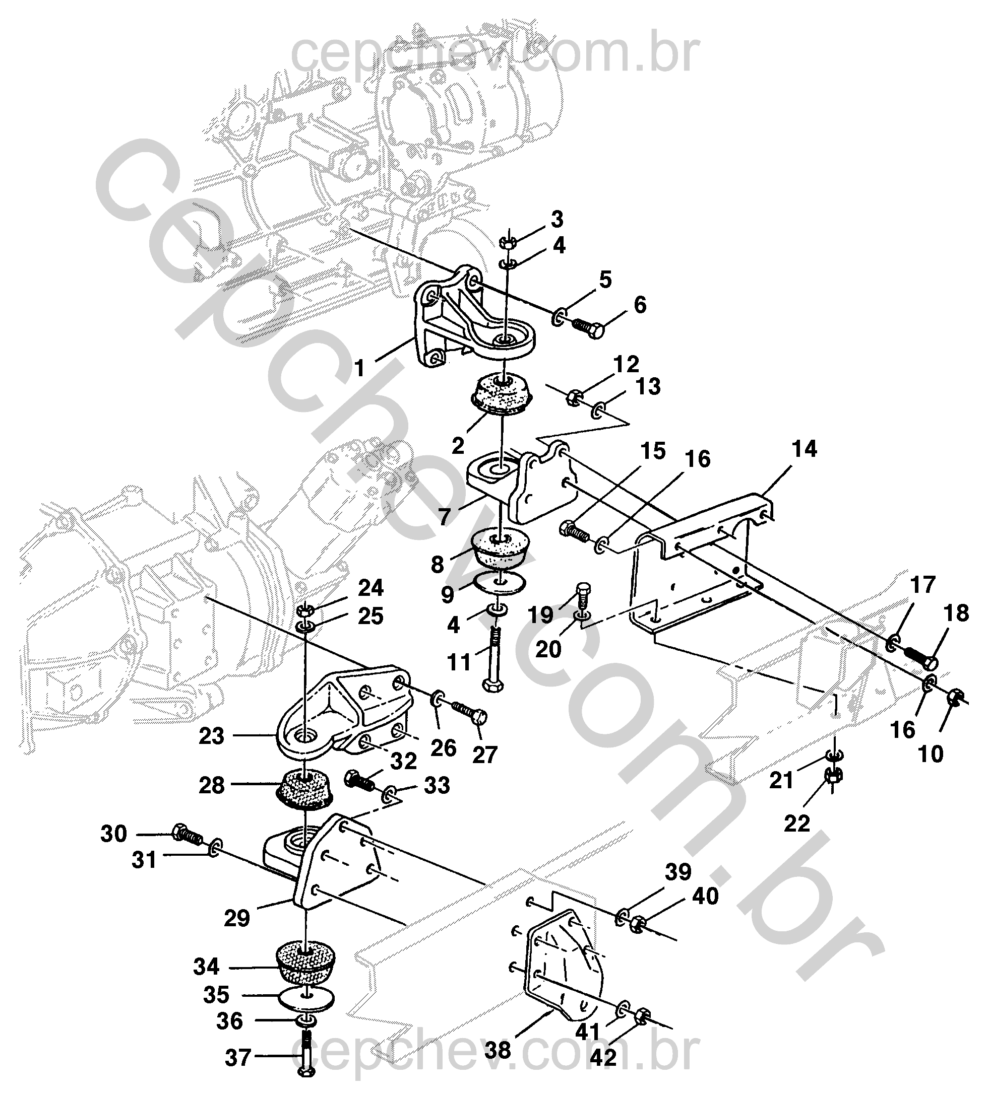 Fixação do motor modelo 15 com suportes, coxins, parafusos, porcas e arruelas