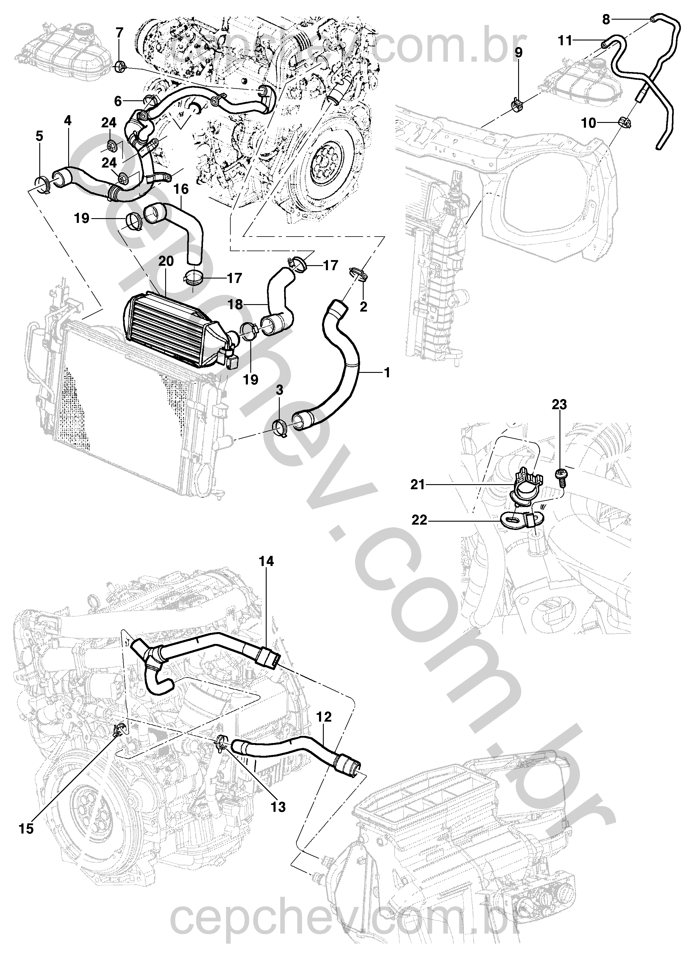 Sistema de arrefecimento do motor diesel para Meriva com mangueiras e braçadeiras