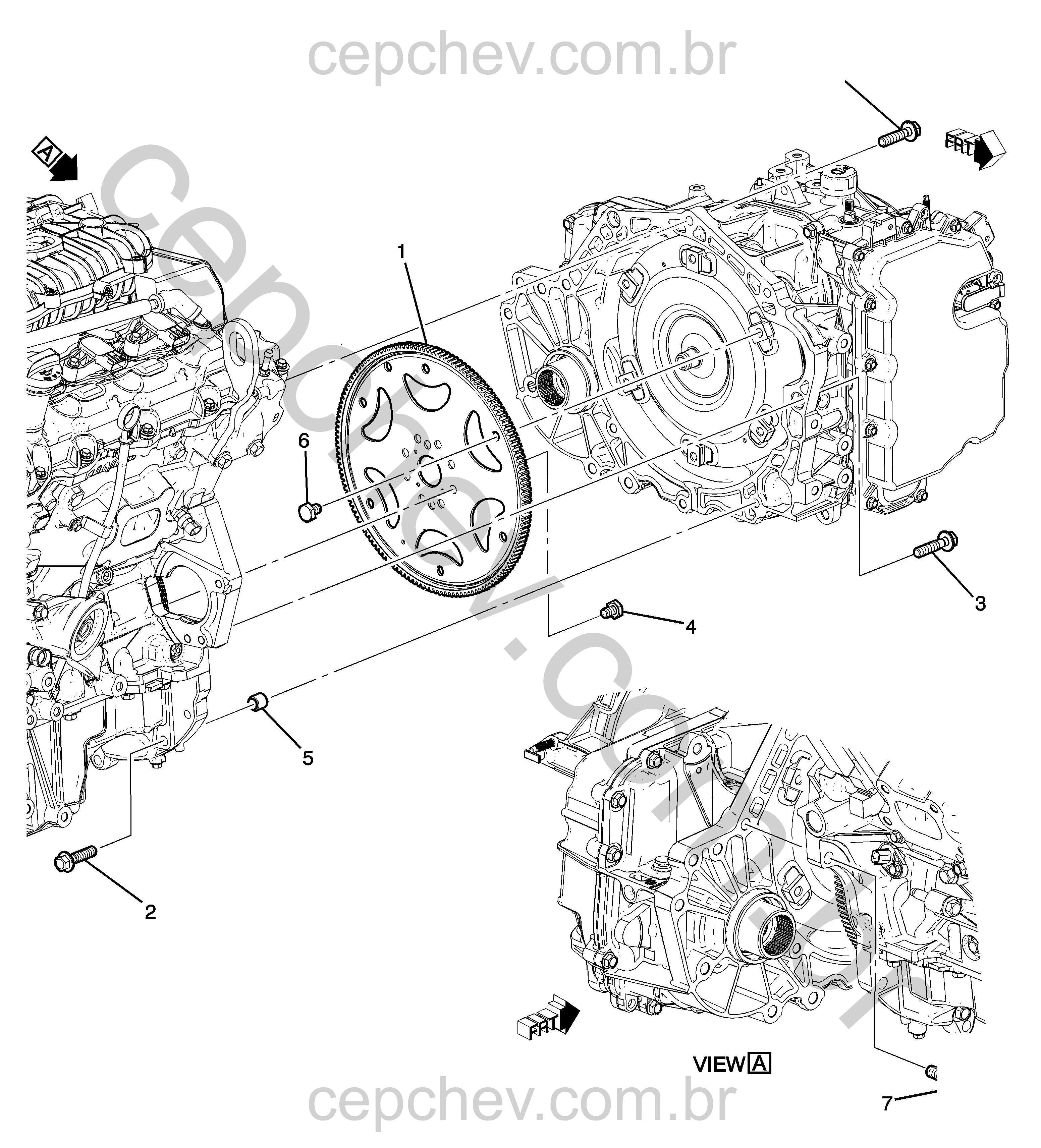 Fixação do motor e transmissão (LF1/3,0Y) com peças de suporte e eixo transversal