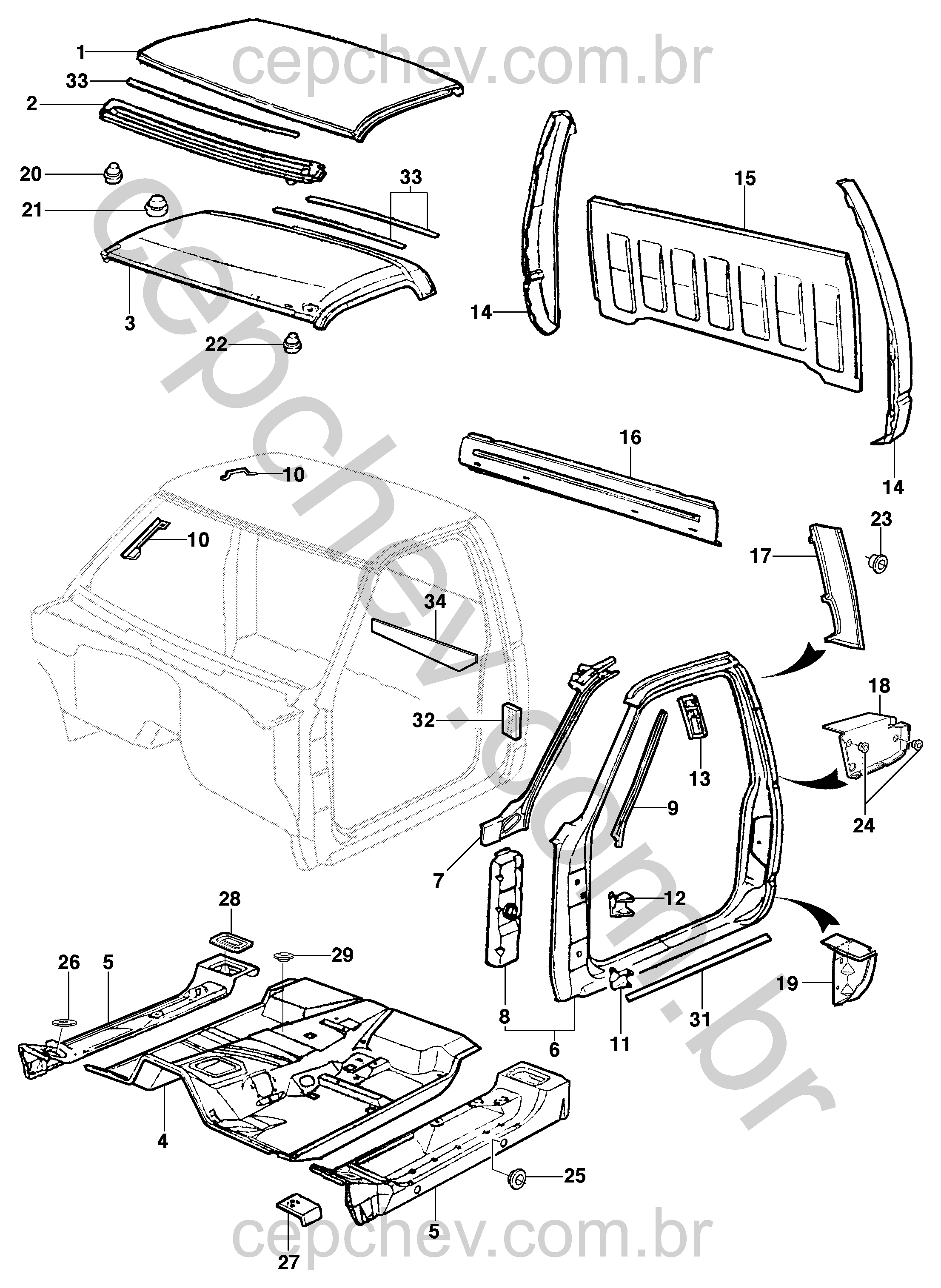 Painéis, estruturas e reforços do teto, lateral e assoalho da pick-up GMC 6100–6150