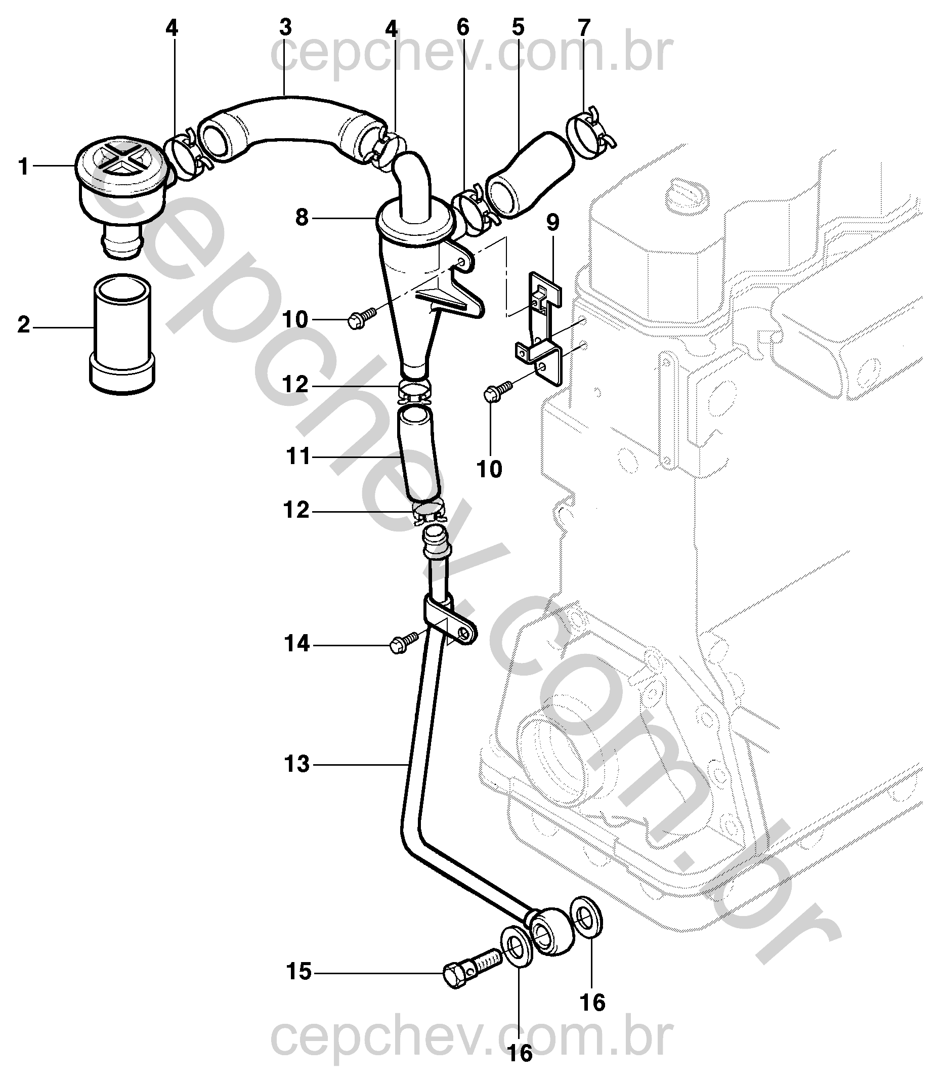 Ventilação do motor LJ6/LLK e componentes do sistema de gás e água