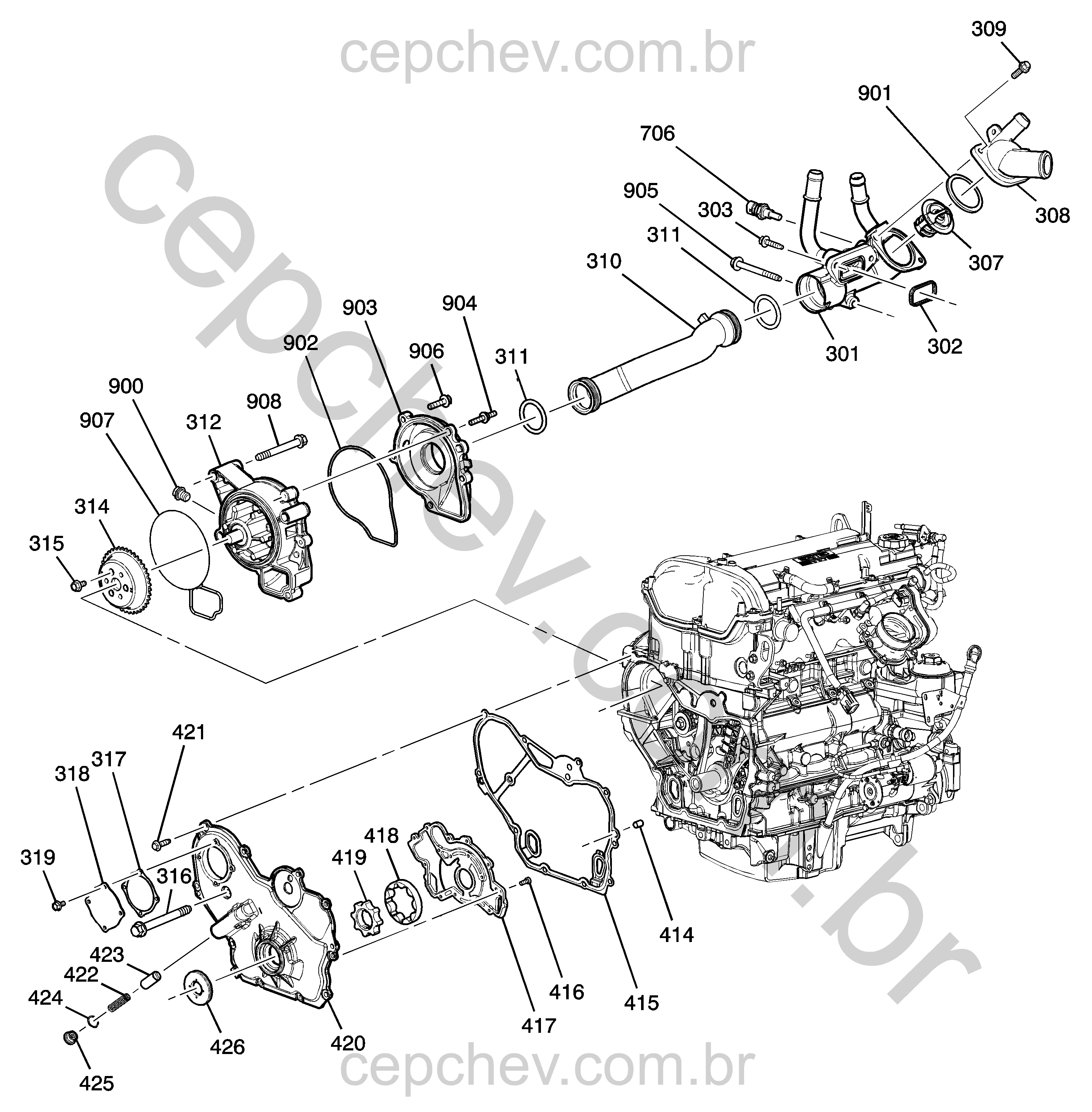 Conjunto motor 2.4L L4 com tampa frontal e sistema de arrefecimento