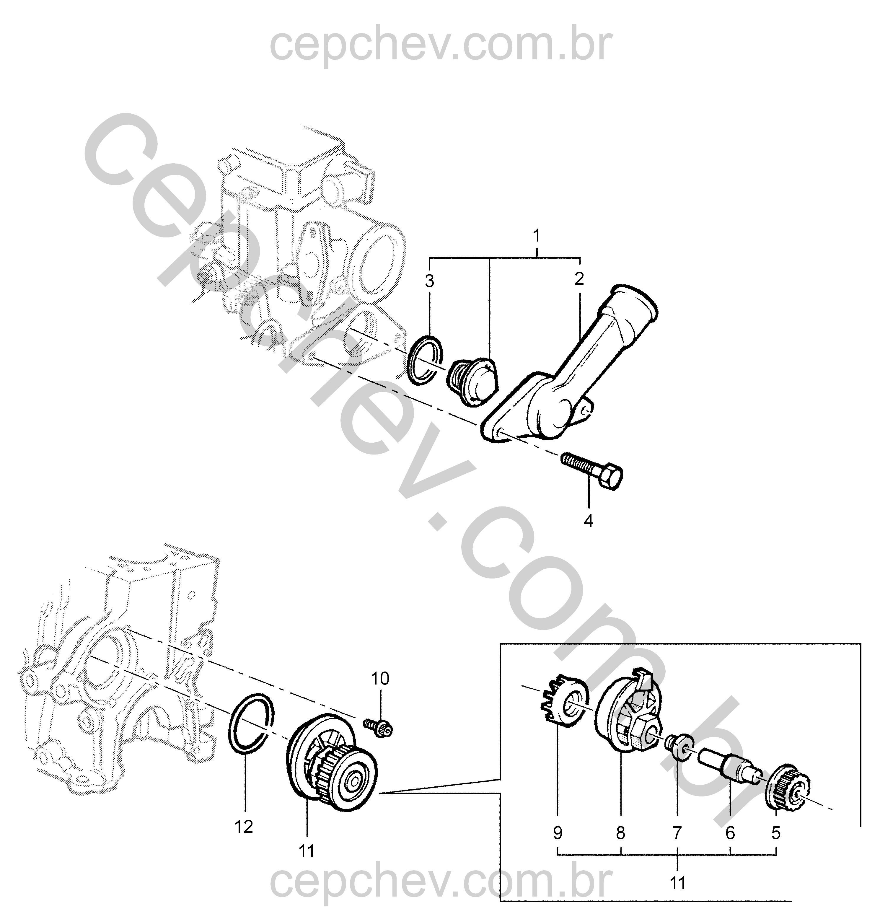 Bomba d'água, termostato e peças de arrefecimento motor (1994–2017)