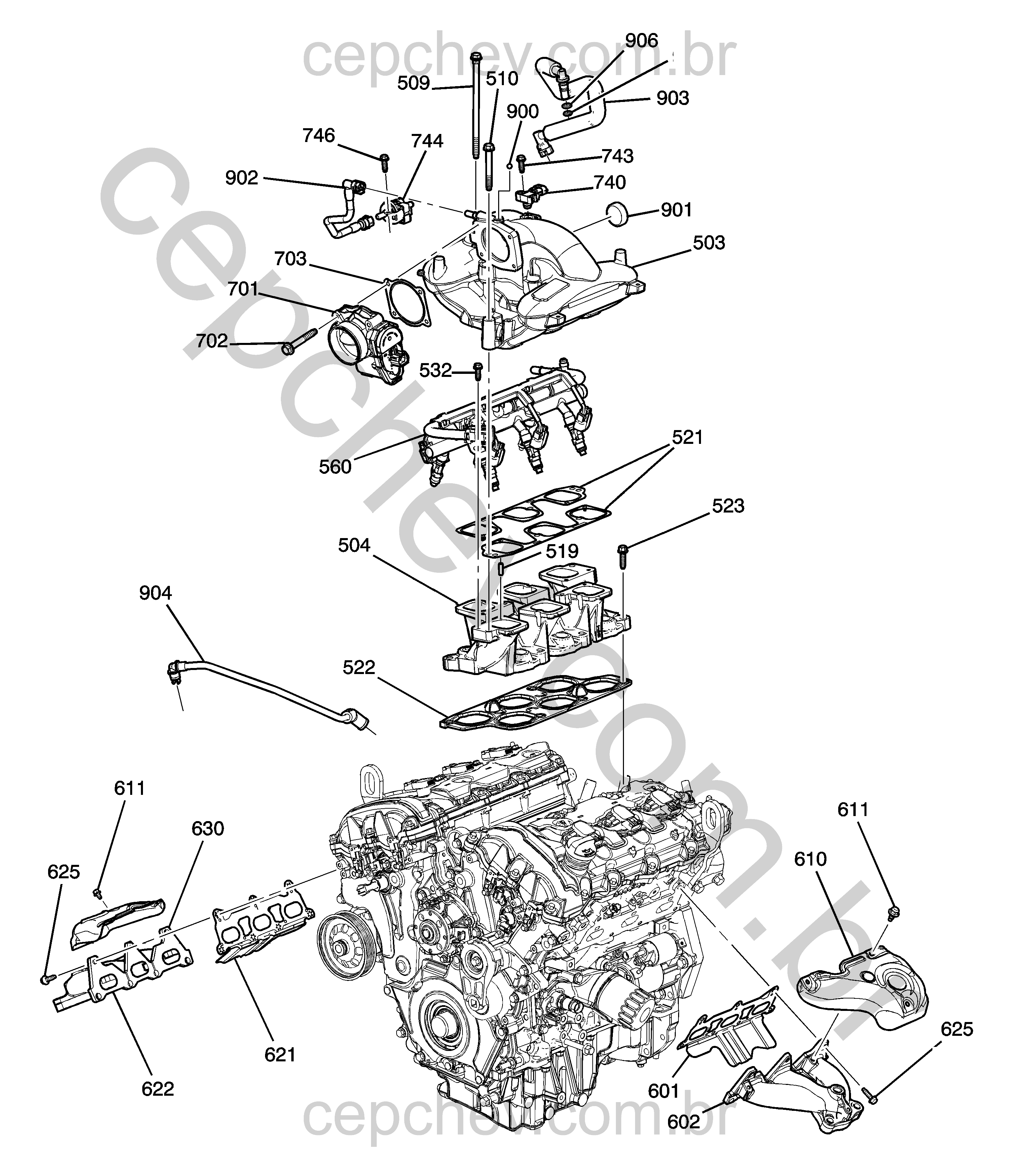 Conjunto motor 3.6L L6 com coletores, corpo acelerador e peças relacionadas