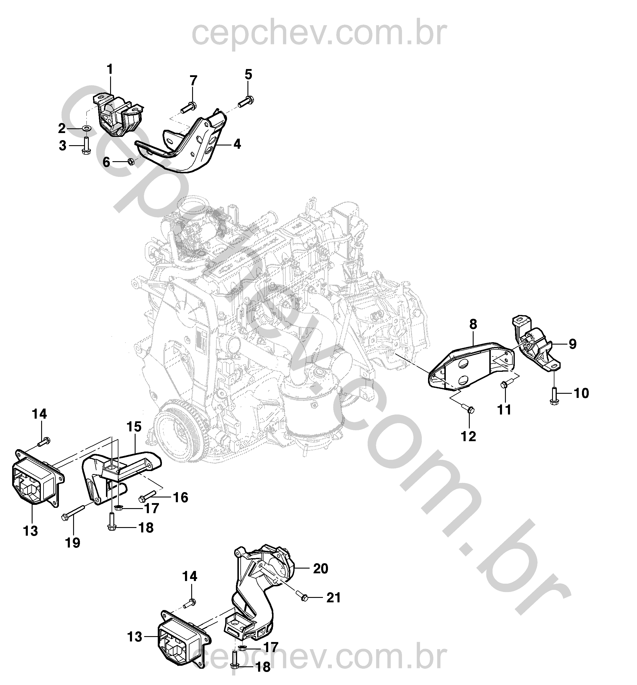 Fixação do motor (LHD) (2015–2021) com suportes, parafusos e porcas