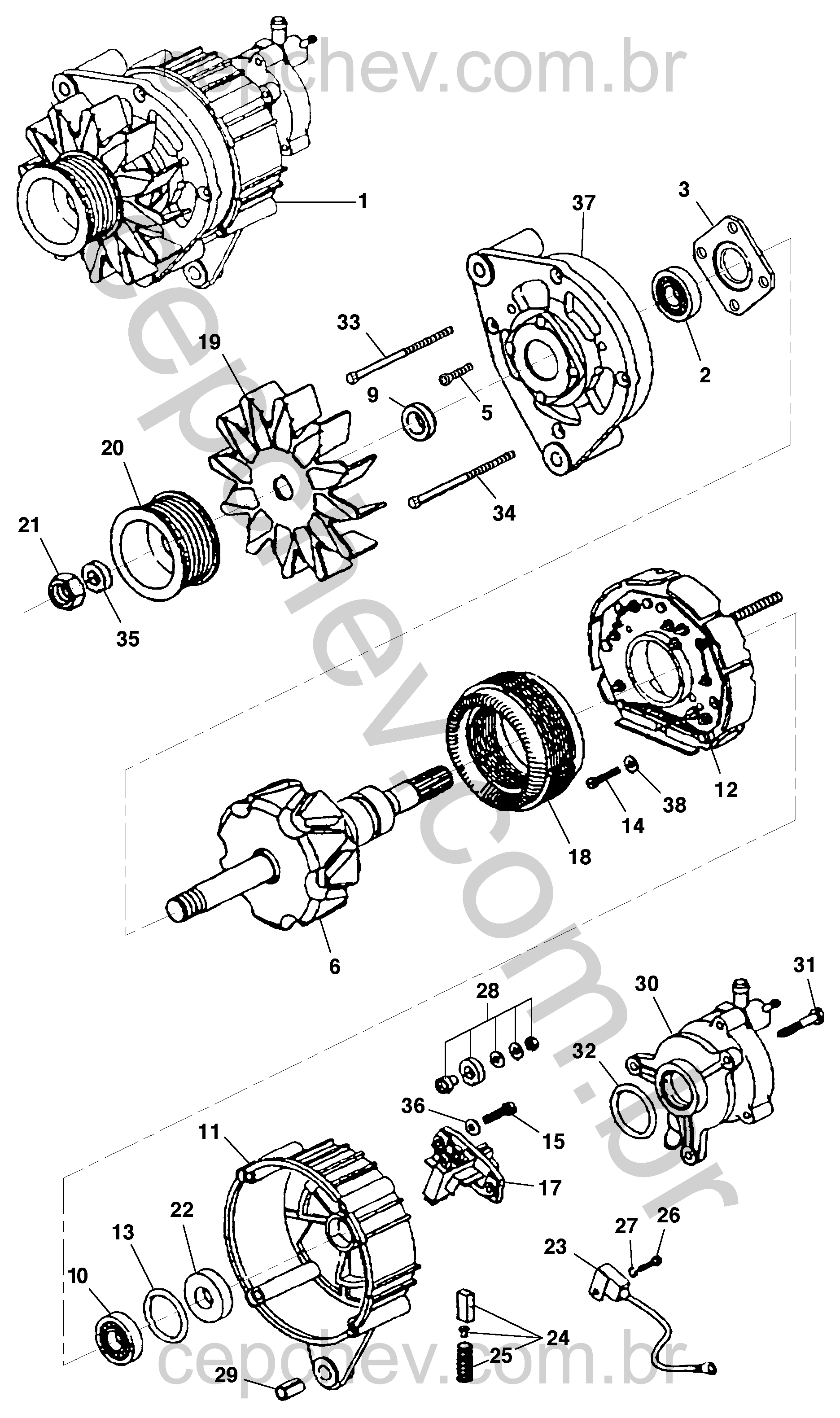 Alternador Bosch 55A para motor diesel LAA5 MWM com peças de reposição completas