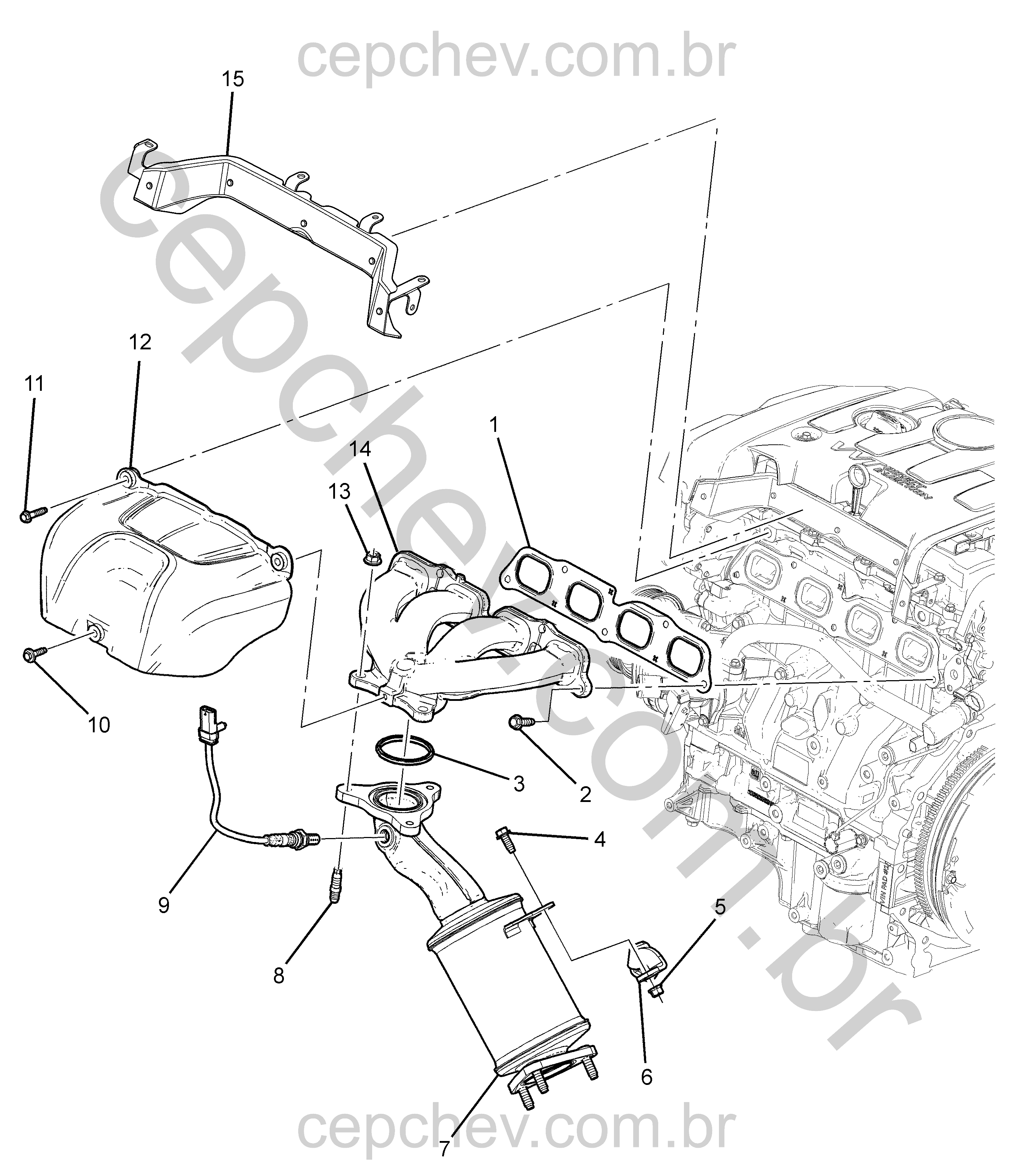 Conjunto motor e motor parcial (LCV) (2015–2022) com conversor catalítico e coletor escape