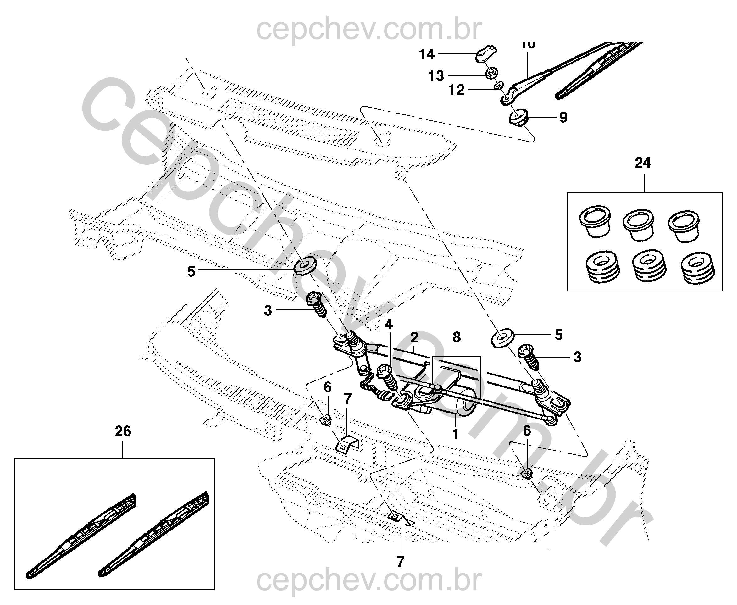 Sistema limpador e motor do para-brisa com braços e acessórios completos