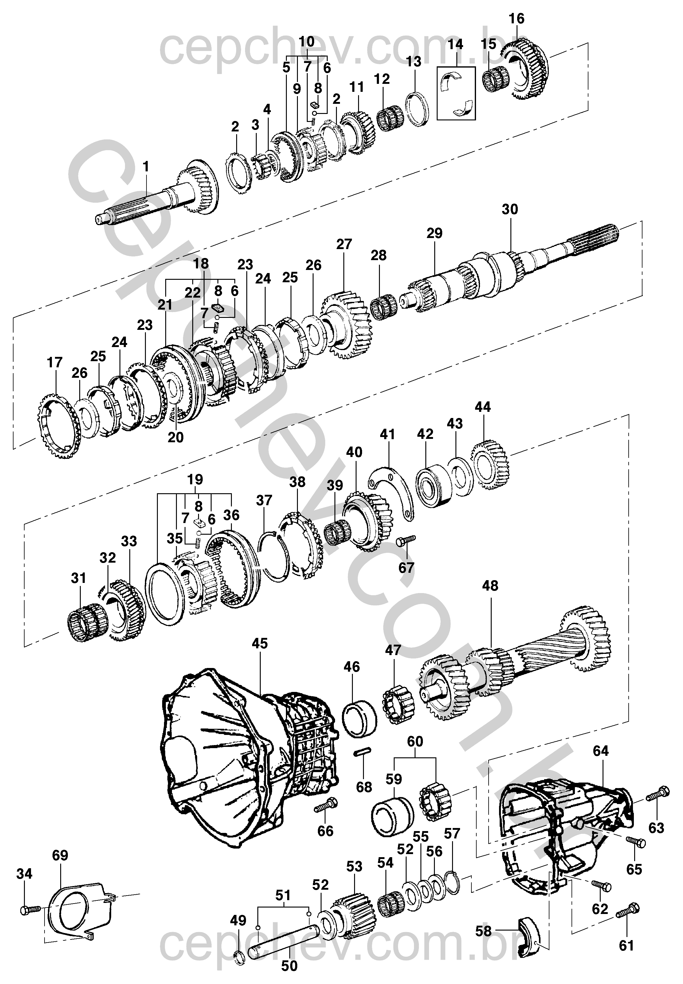 Componentes da transmissão motor LJ6/L35 (1996–2001)