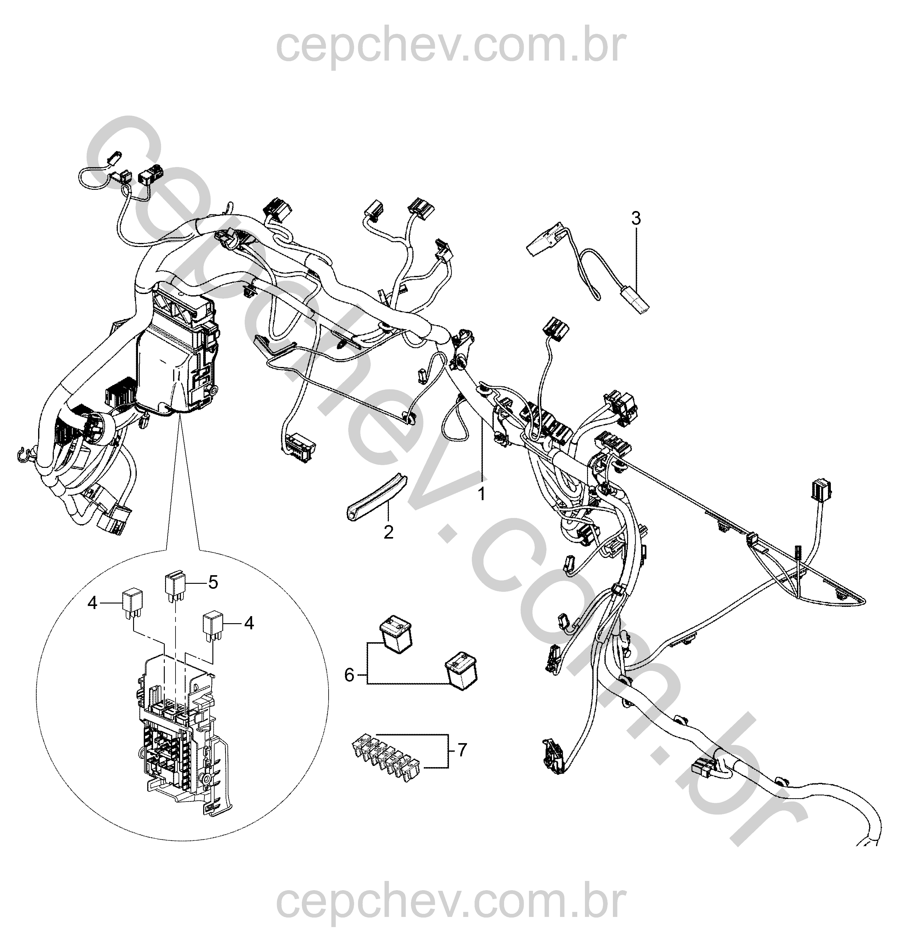 Chicote e fiação do painel de velocímetro (2012–2024) com relés e fusíveis