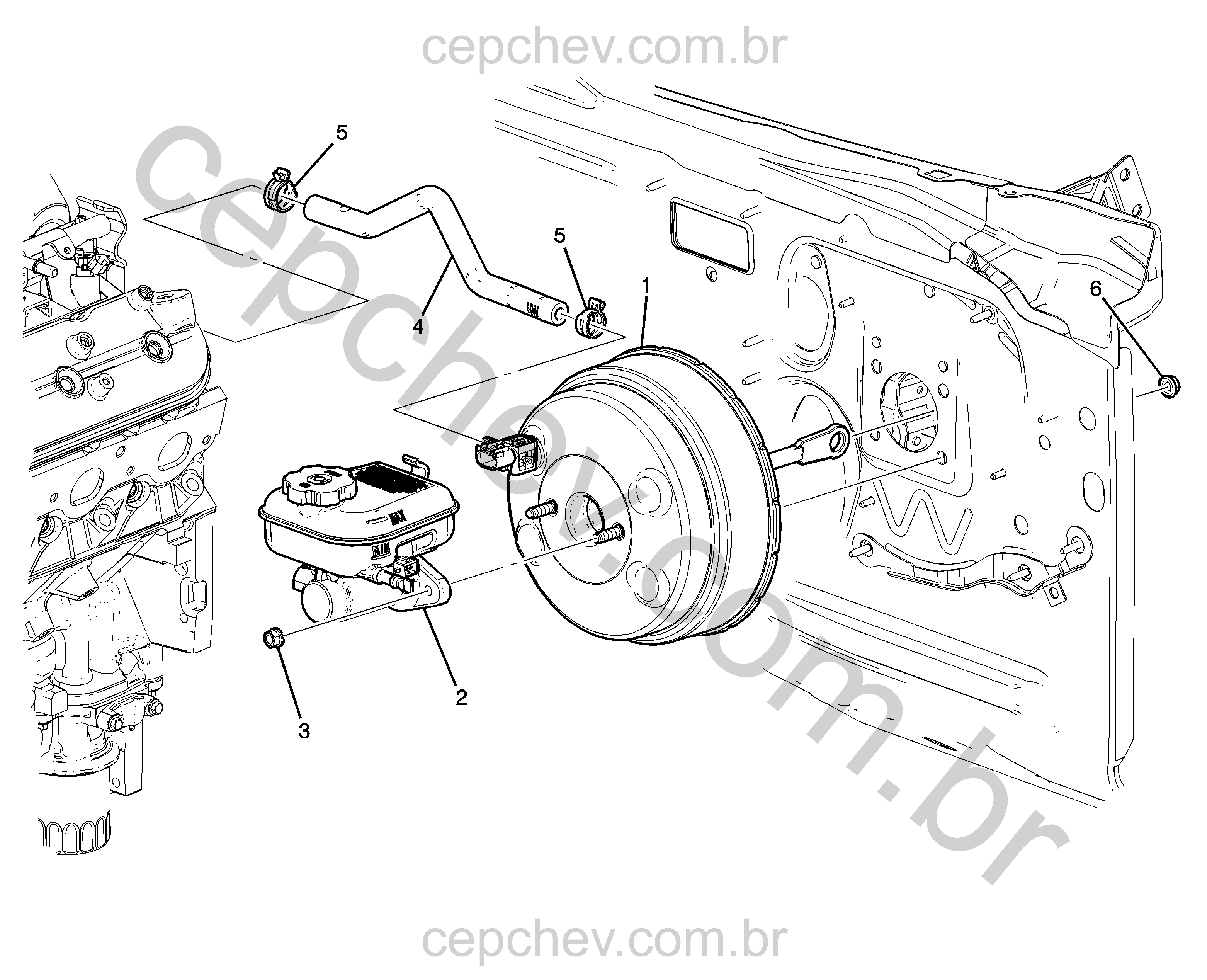Montagem do servomotor e cilindro mestre do freio (L99/6.2J)