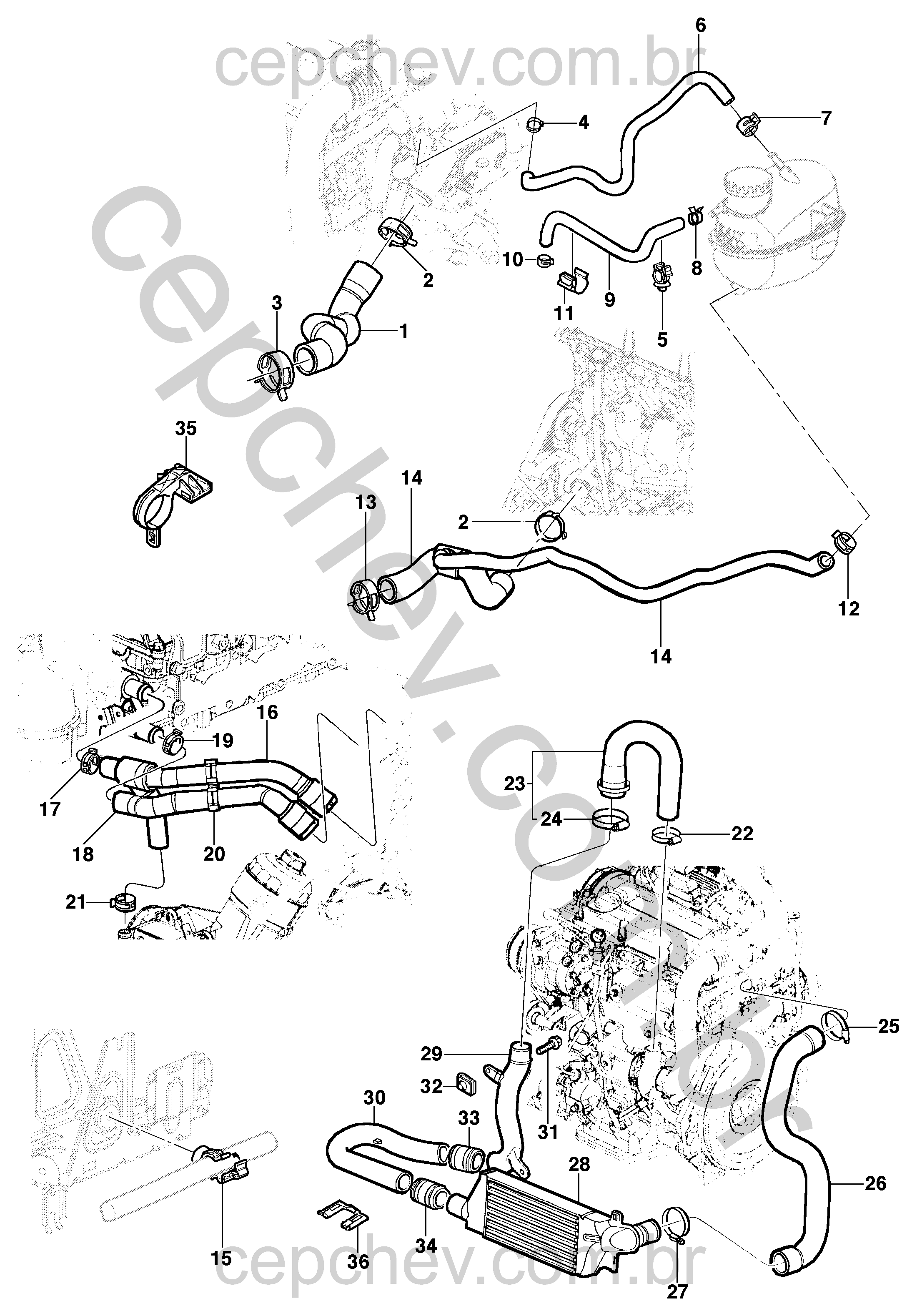 Sistema de arrefecimento do motor diesel para sedan, hatch e pick-up