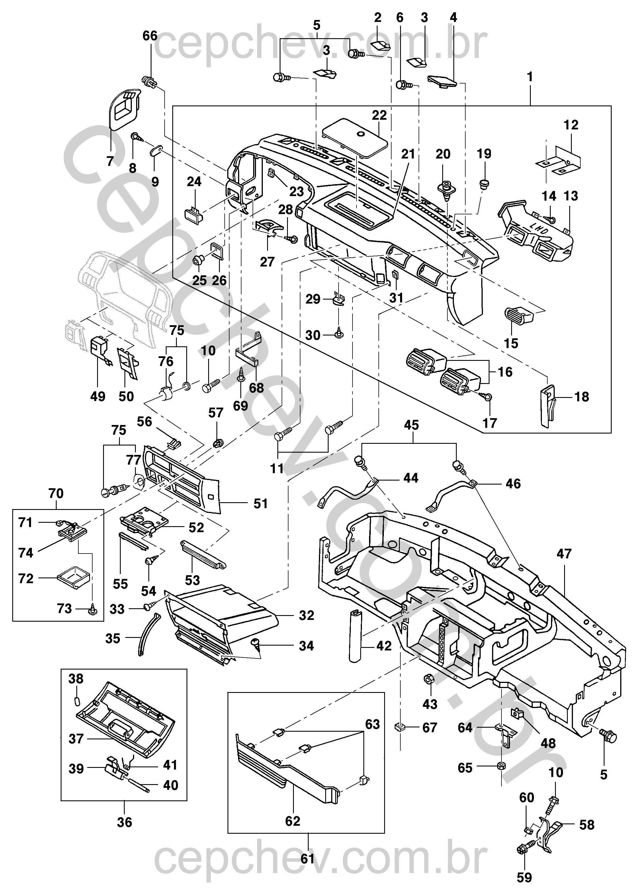 Painel de instrumentos, porta-luvas, difusores e acessórios internos