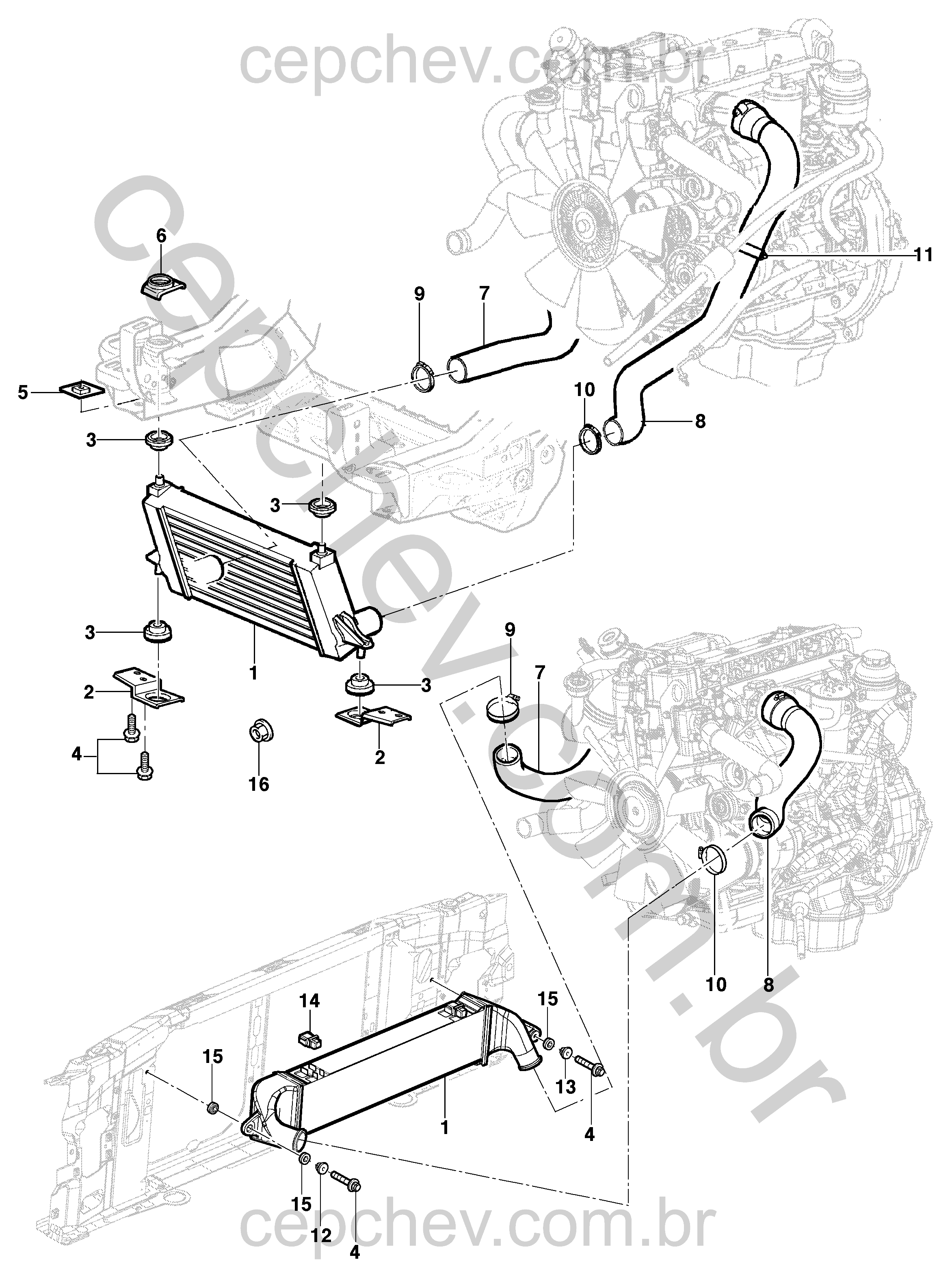 Pós-resfriador de ar para motor MWM LJ6/LLK e seus suportes e acessórios