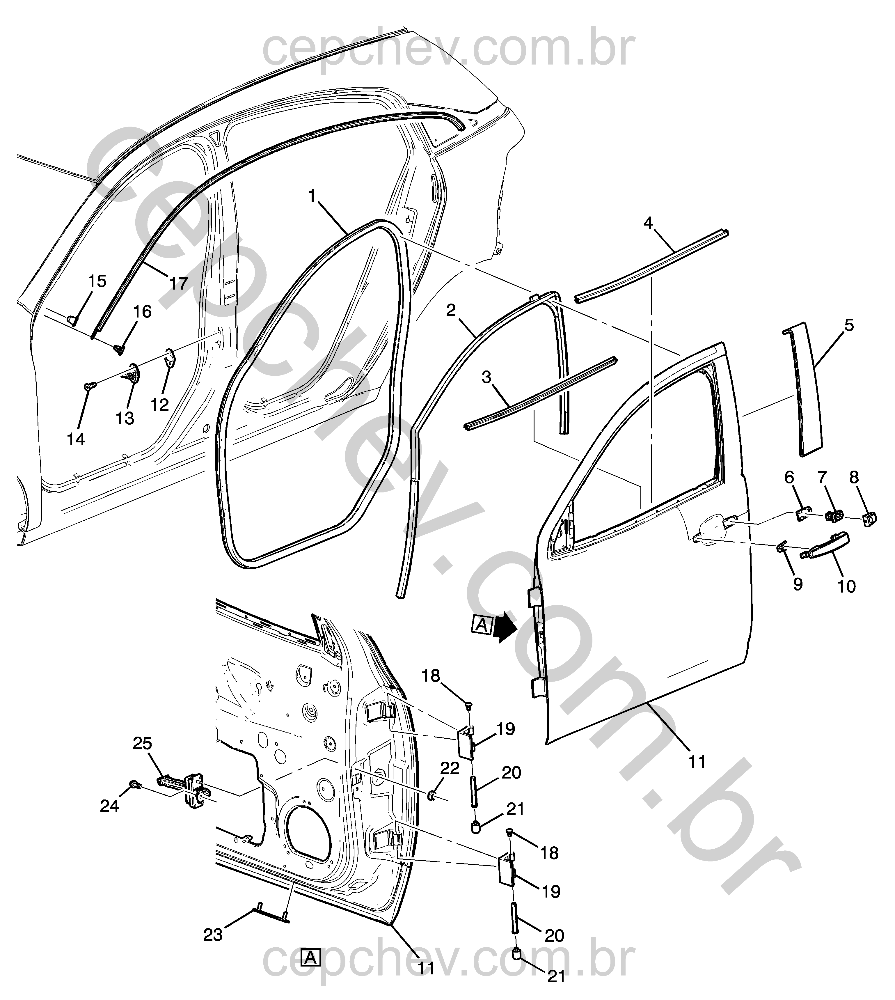 Componentes da porta lateral dianteira (2010) CG, CH, CJ48