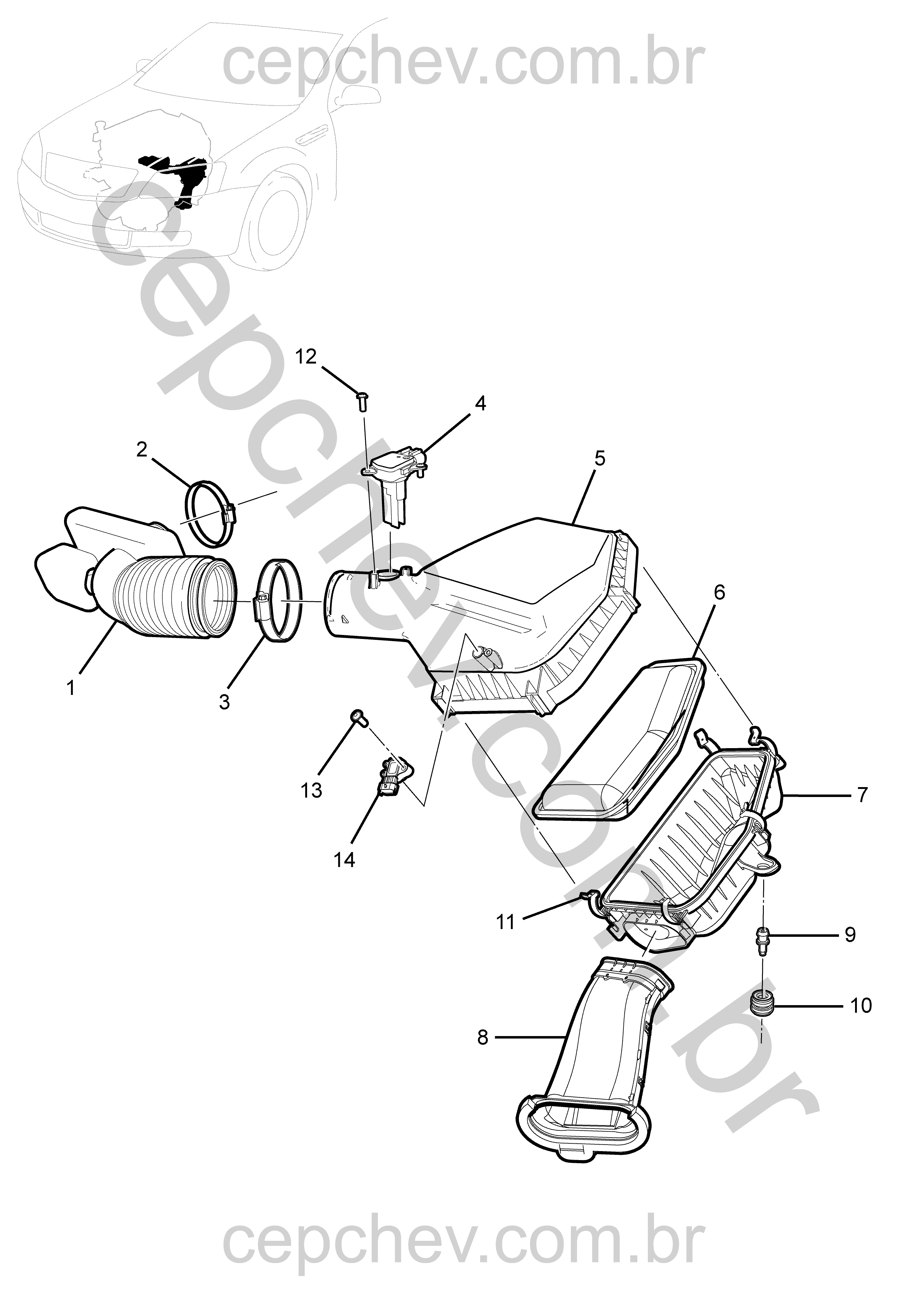 Sistema de entrada de ar e filtro para motor V6