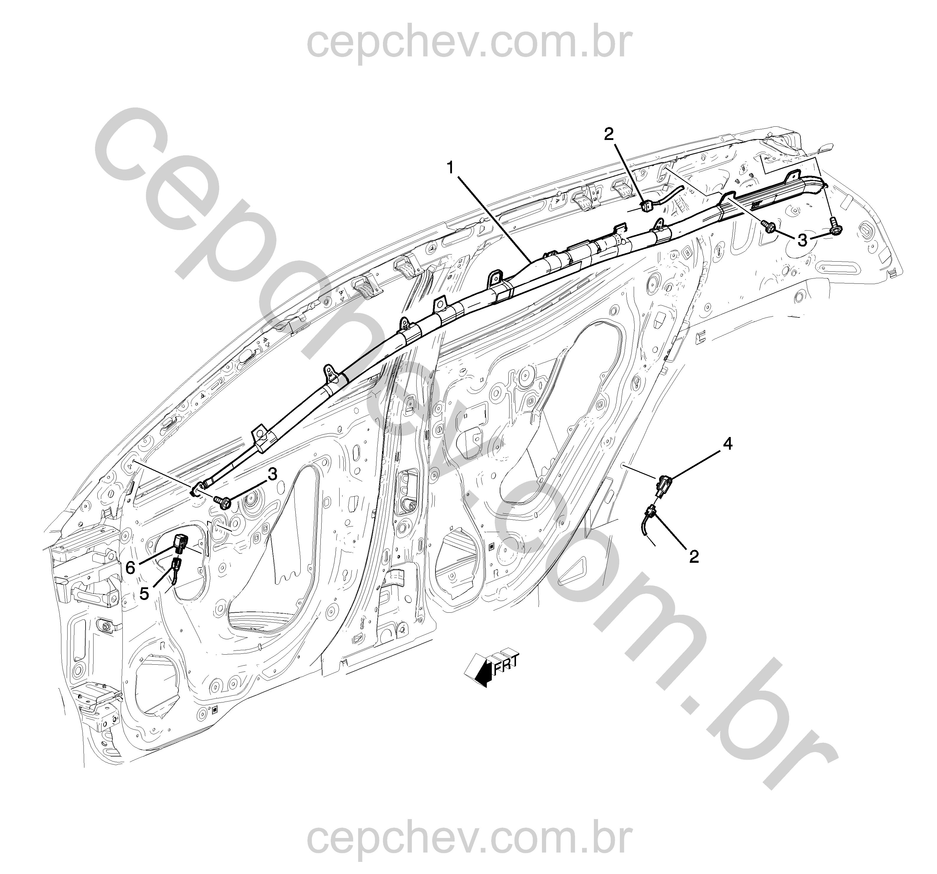 Sistema de proteção airbag lateral e trilho do teto