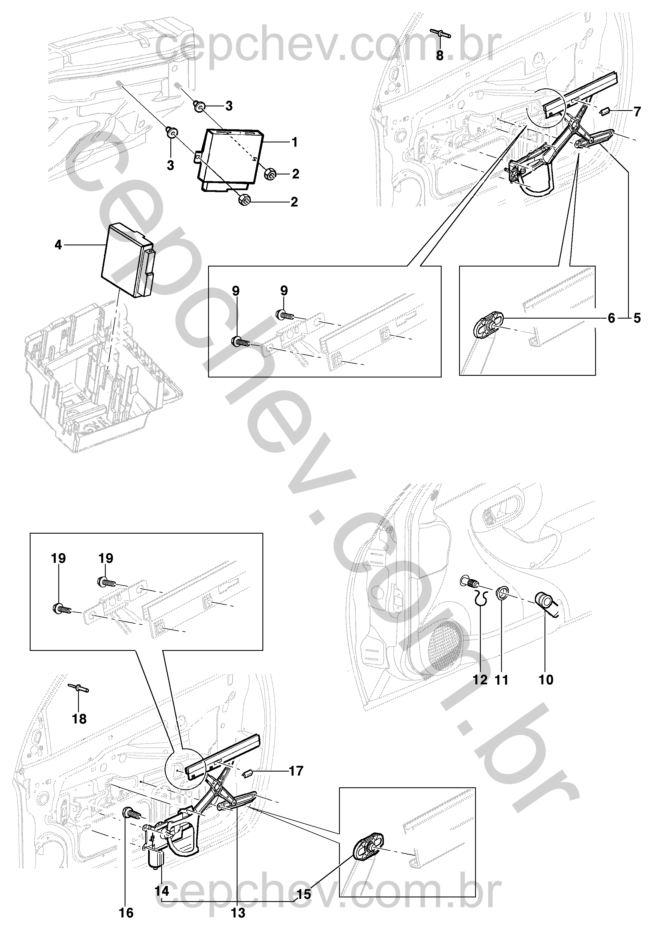 Mecanismo e motor do levantador do vidro dianteiro manual e elétrico