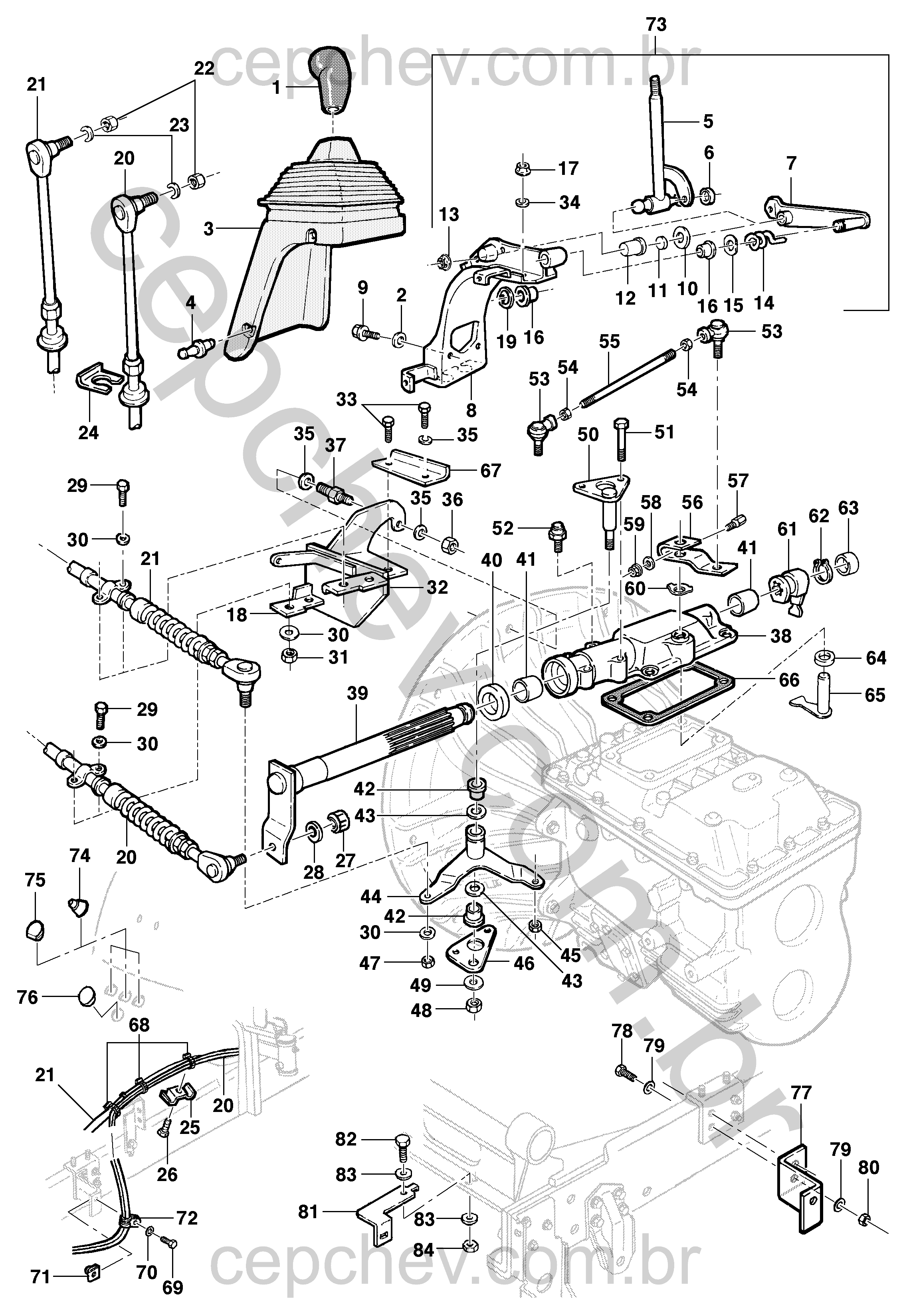 Alavancas, cabos e suportes do sistema de controle da transmissão manual e automática
