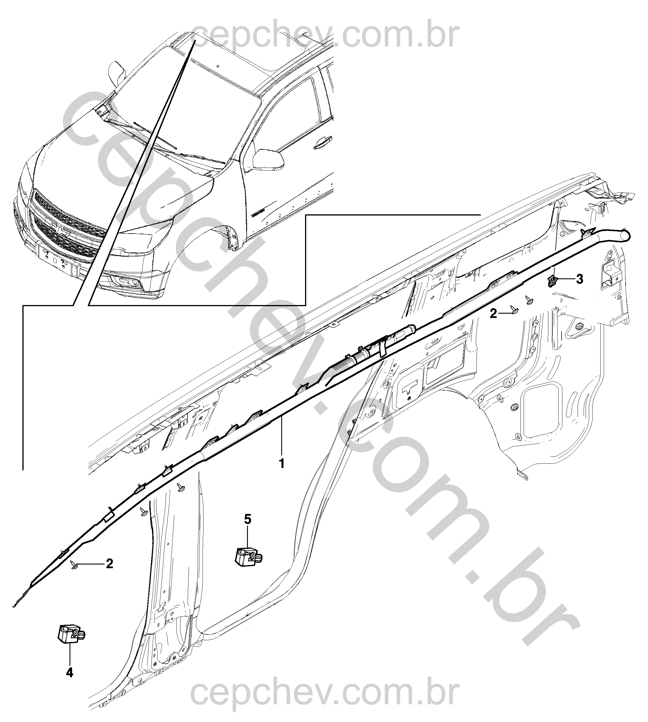 Sistema airbag do teto com trilhos e sensores de impacto lateral